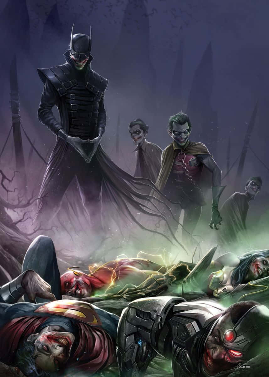 The Batman Who Laughs 桌布 壁紙 — 蝙蝠俠與小丑站在黑暗迷霧森林中，發光的綠色能量籠罩著倒下的英雄。