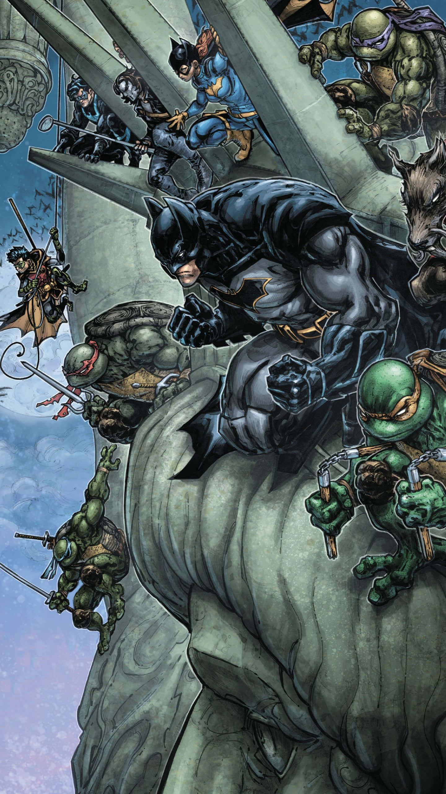 Teenage Mutant Ninja Turtles Comic Book 桌布 壁紙 — 蝙蝠俠與忍者龜在動態漫畫動作場景中攀爬搖搖欲墜的石結構。