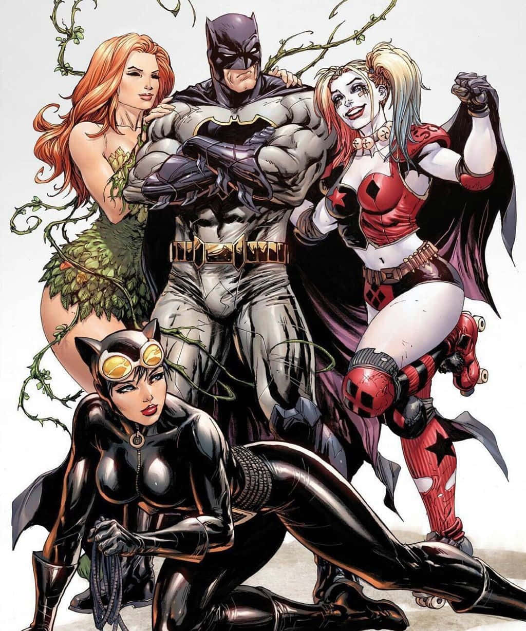Batman Reborn 桌布 壁紙 — 蝙蝠俠與毒藤女、哈莉·奎茵和貓女一同站立在動態漫畫插圖中。