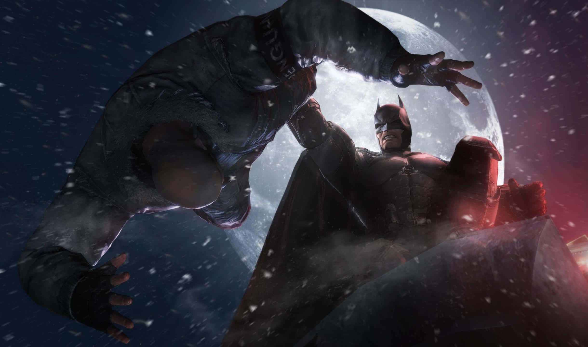 2440x1440 Batman Arkham City 桌布 壁紙 — 蝙蝠俠與班恩在雪夜中，於一輪明亮的滿月下激烈交鋒。