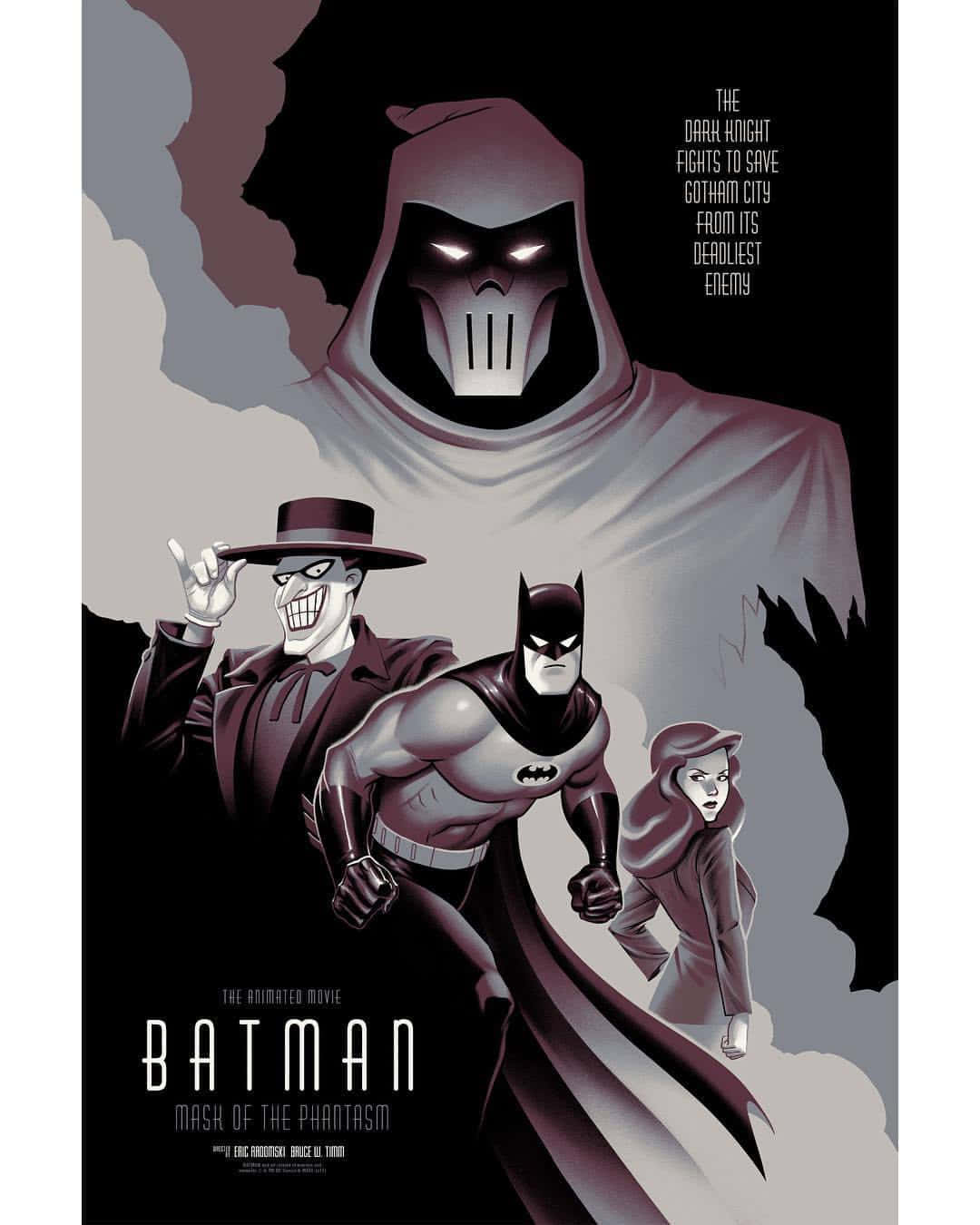 Batman Mask Of The Phantasm 桌布 壁紙 — 蝙蝠俠與盟友在陰鬱的動畫電影海報中以深紫色和灰色色調對抗迫在眉睫的幻影。