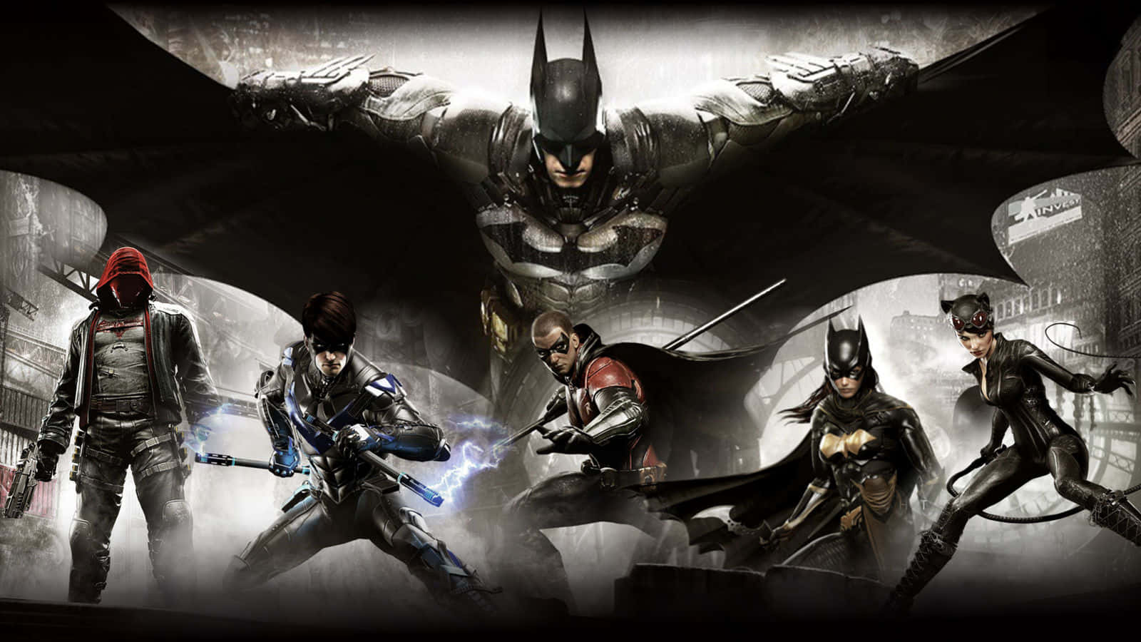 Bat-family 桌布 壁紙 — 蝙蝠俠與盟友在黑暗陰沉的高譚市，披風展開，武器出鞘，背景是煙霧瀰漫的城市。