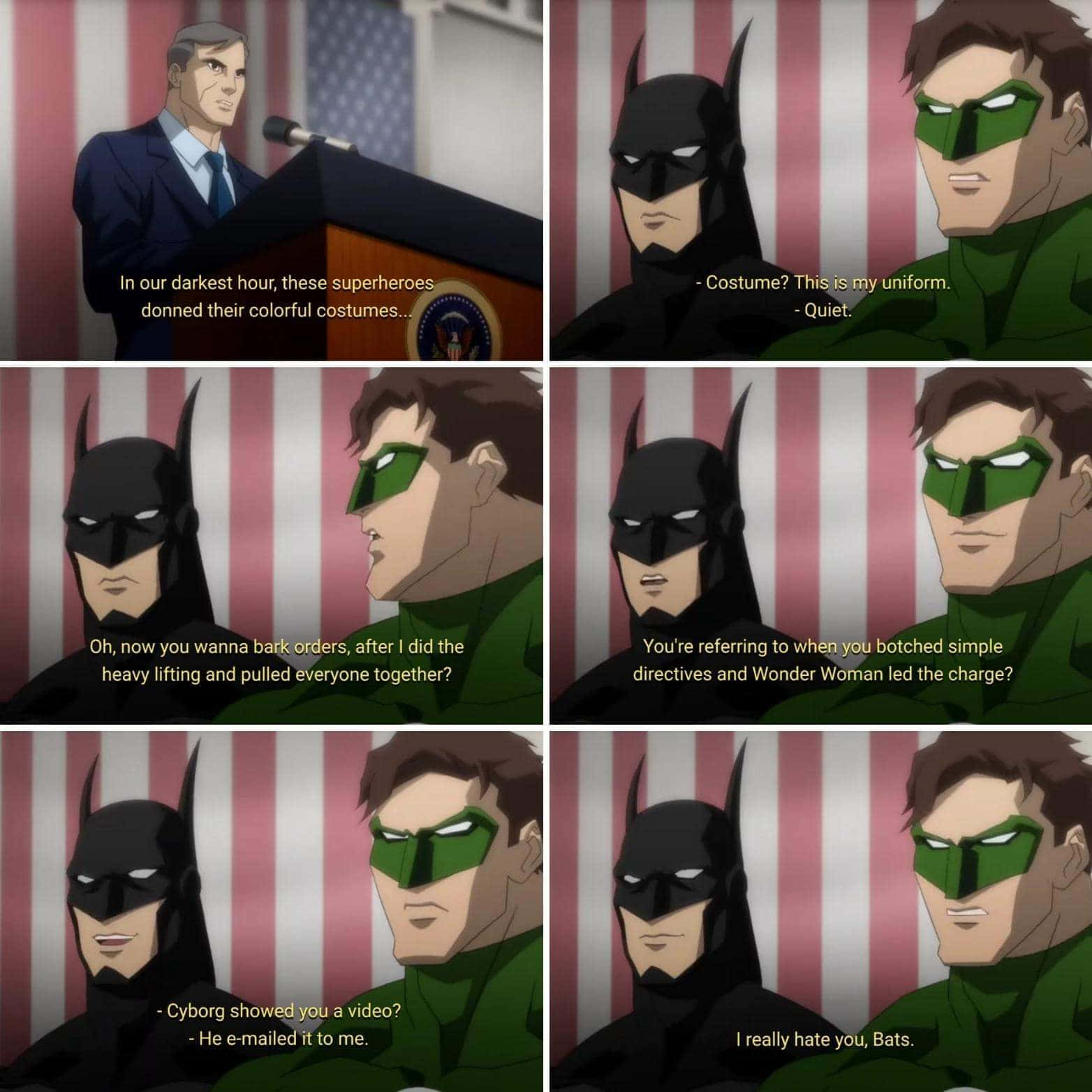 Justice League War 桌布 壁紙 — 蝙蝠俠與綠燈俠在美國國旗背景前於漫畫場景中爭論。