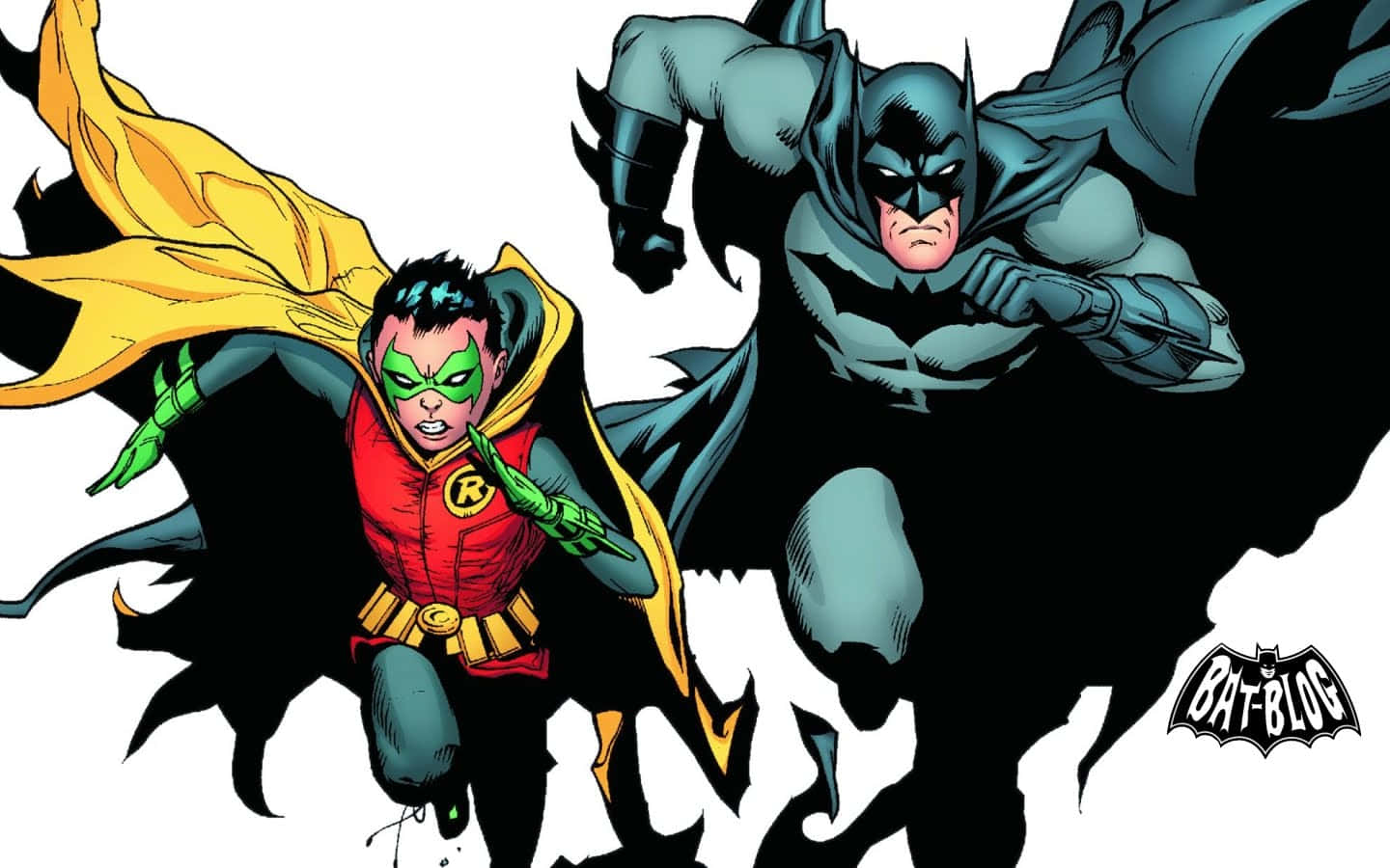 Batman Year One 桌布 壁紙 — 蝙蝠俠與羅賓以動感漫畫姿勢呈現，線條大膽、色彩鮮明，背景為純白色。