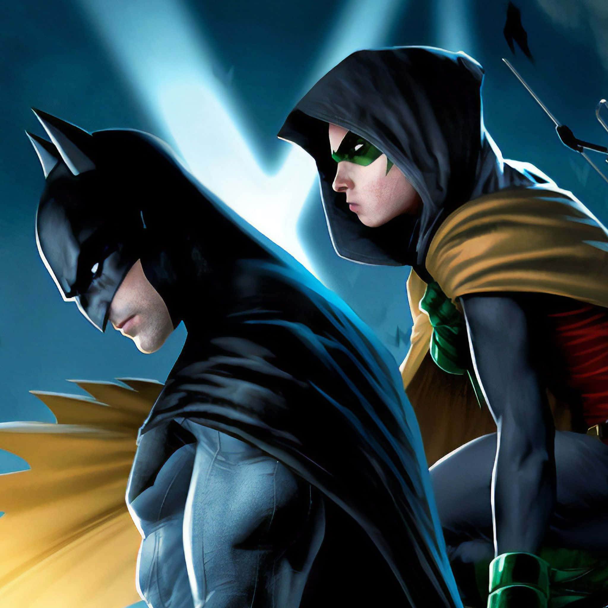 Batman Vs Robin 桌布 壁紙 — 蝙蝠俠與羅賓以戲劇性的側面輪廓站在發光的藍光前，帶有銳利的陰影和強烈的表情。