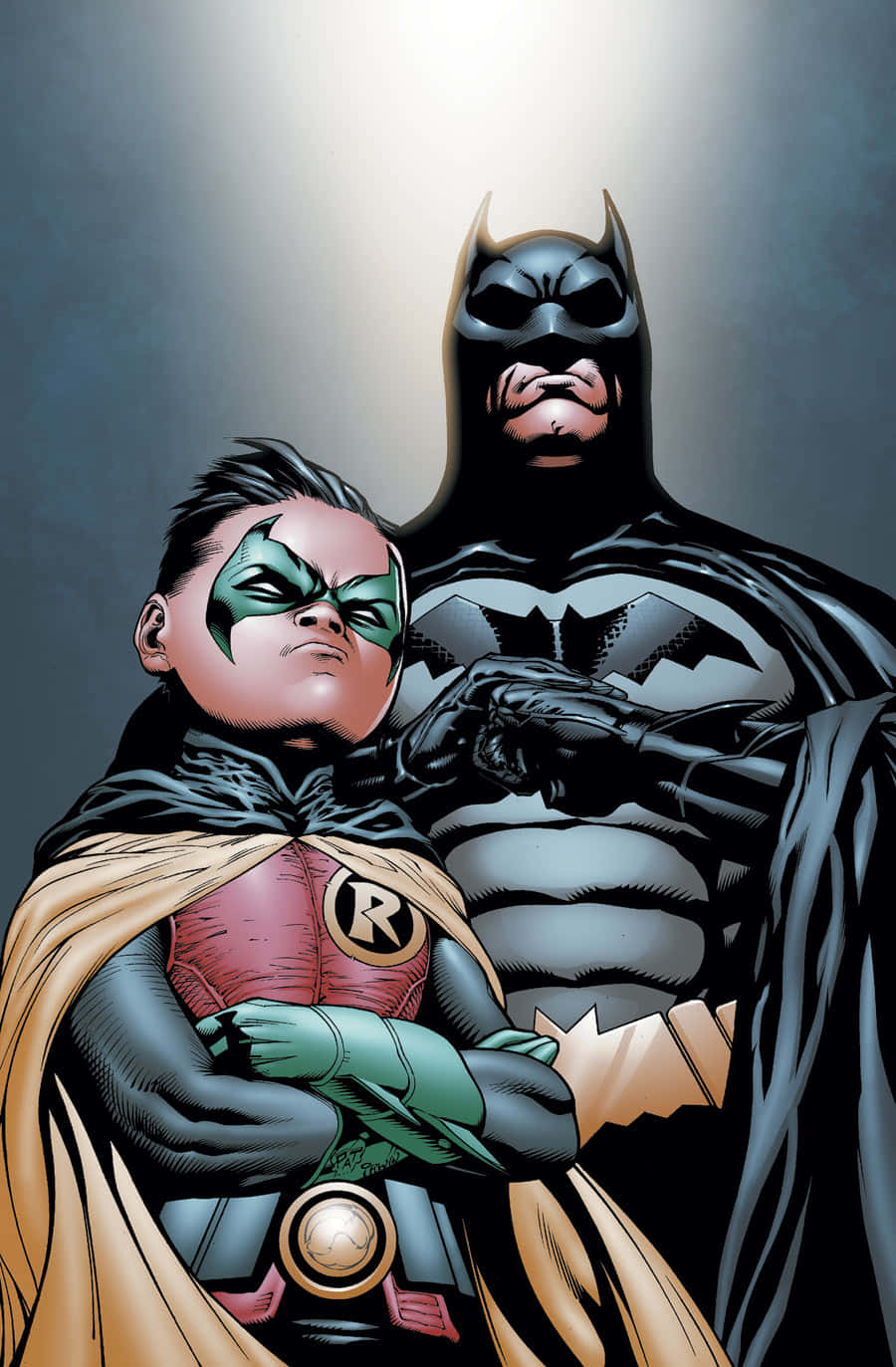Batman Vs Robin 桌布 壁紙 — 蝙蝠俠與羅賓以戲劇性的剪影姿態，站在聚光燈照射的灰色背景前，傳達出強大的導師時刻。