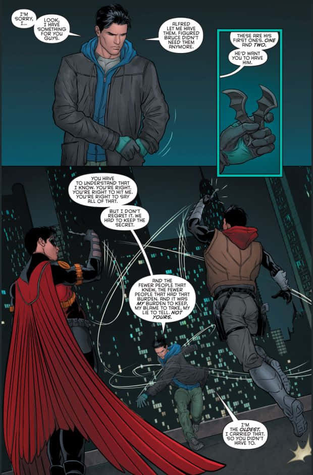 Batman Death In The Family 桌布 壁紙 — 蝙蝠俠與羅賓在城市景觀中交談，羅賓手持蝙蝠鏢躍入行動，背景是發光的摩天大樓。