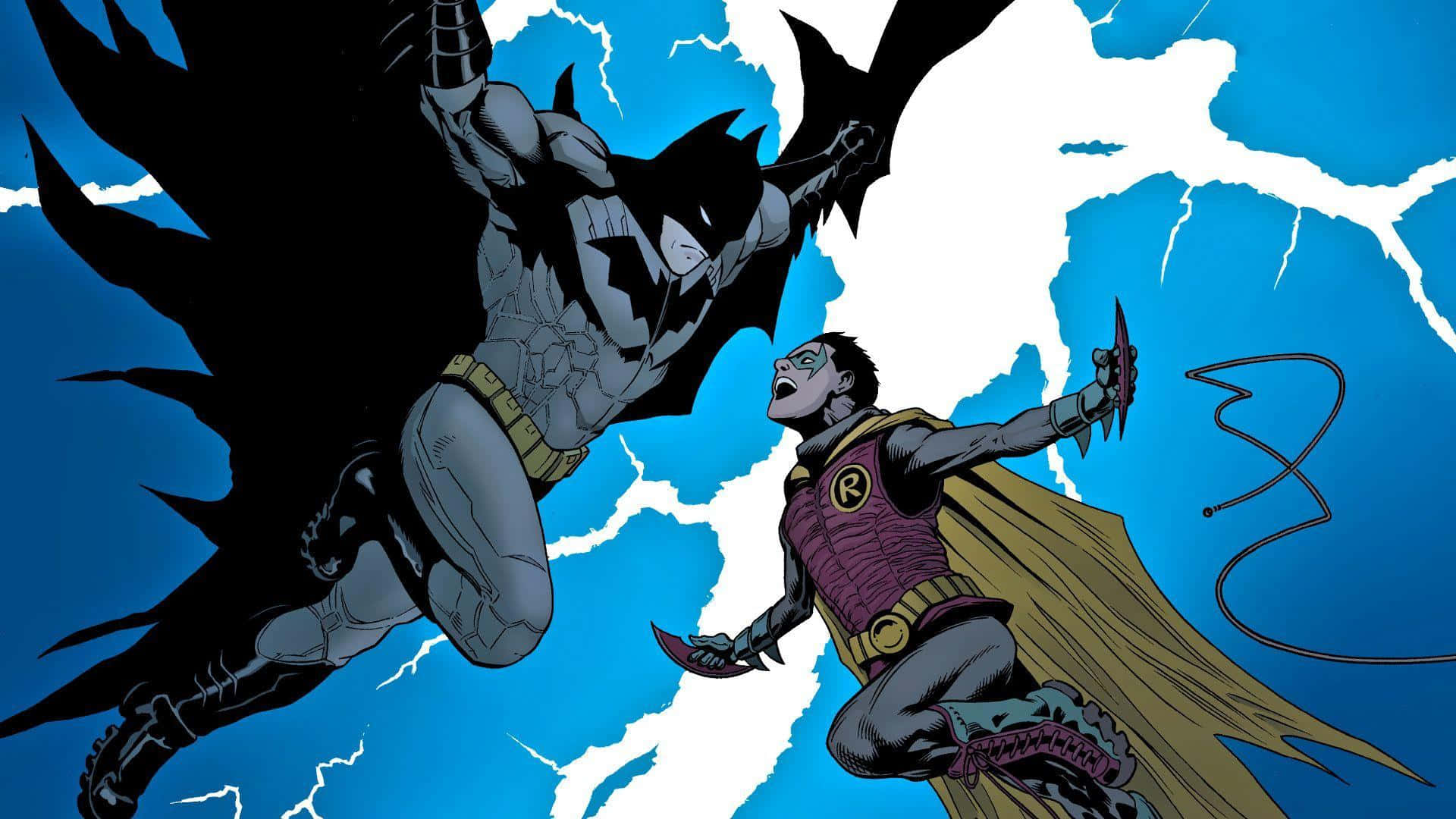 Batman Vs Robin 桌布 壁紙 — 蝙蝠俠與羅賓在暴風雨的藍色天空中，伴隨著鋸齒狀閃電，動態地交鋒。