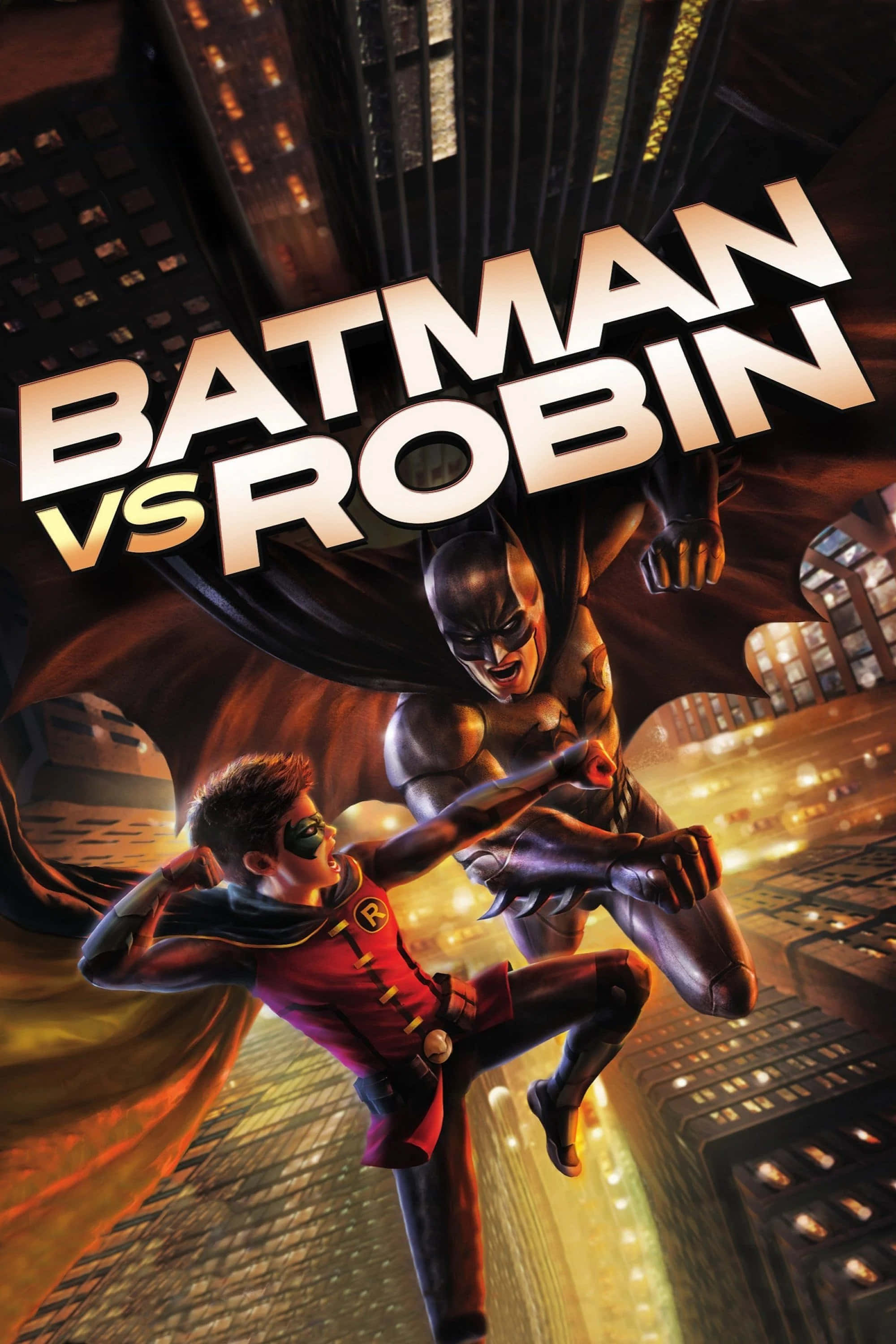 Batman Vs Robin 桌布 壁紙 — 蝙蝠俠與羅賓在發光的城市景觀上空半空中碰撞，呈現動態漫畫動作場景。