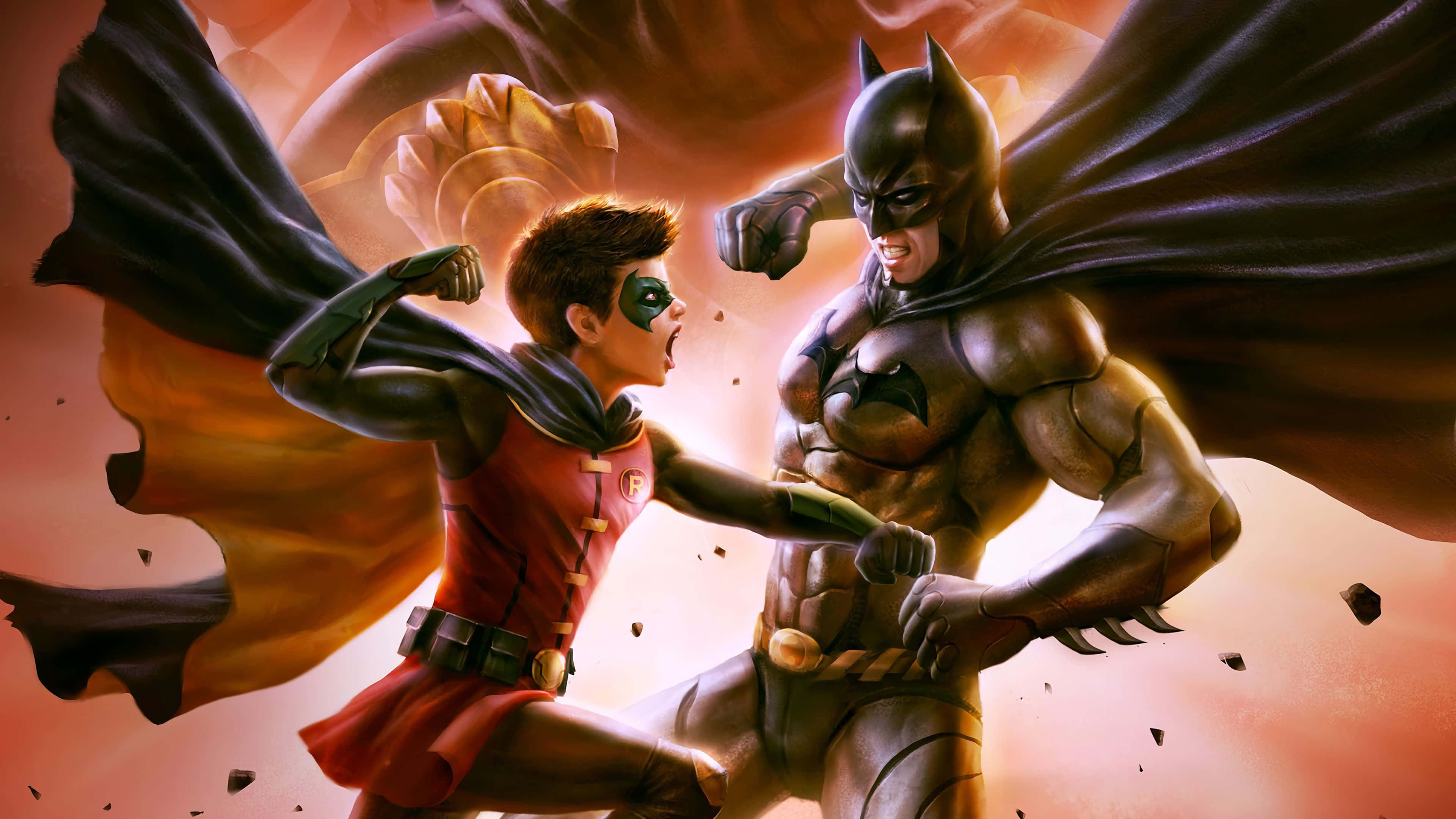 Batman Vs Robin 桌布 壁紙 — 蝙蝠俠與羅賓在破碎的瓦礫和熾熱的橙色雲層中展開一場動態的超級英雄對決。