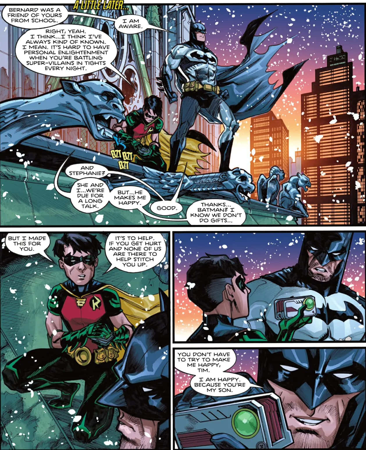 Tim Drake 桌布 壁紙 — 蝙蝠俠與羅賓在積雪的高譚市屋頂上，在暮色天空下，城市燈光在下方閃爍，分享一個溫馨的時刻。