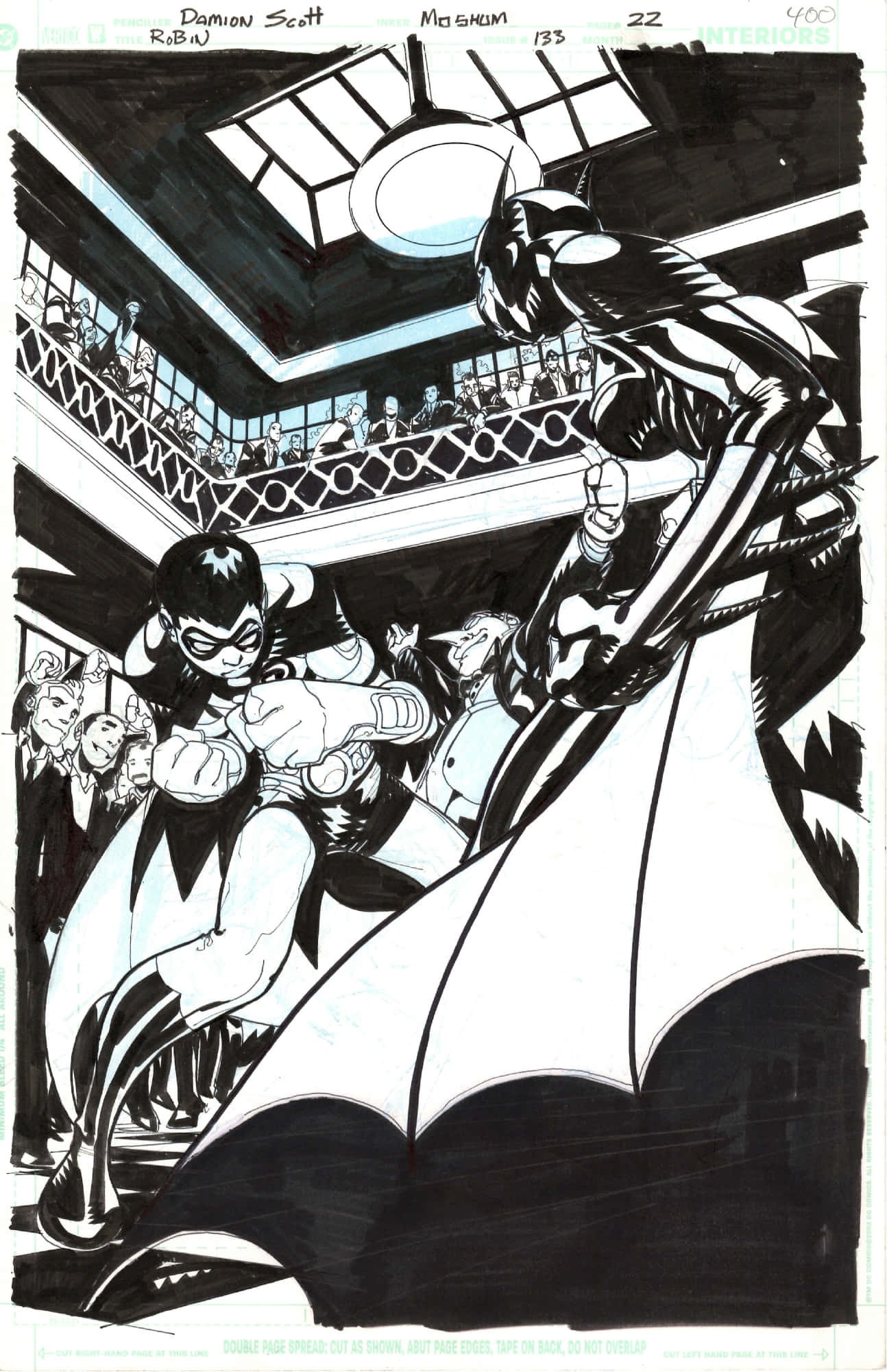 Tim Drake 桌布 壁紙 — 蝙蝠俠與羅賓在華麗大廳中，於圍觀人群之間，在一個戲劇性的黑白漫畫格中交鋒。