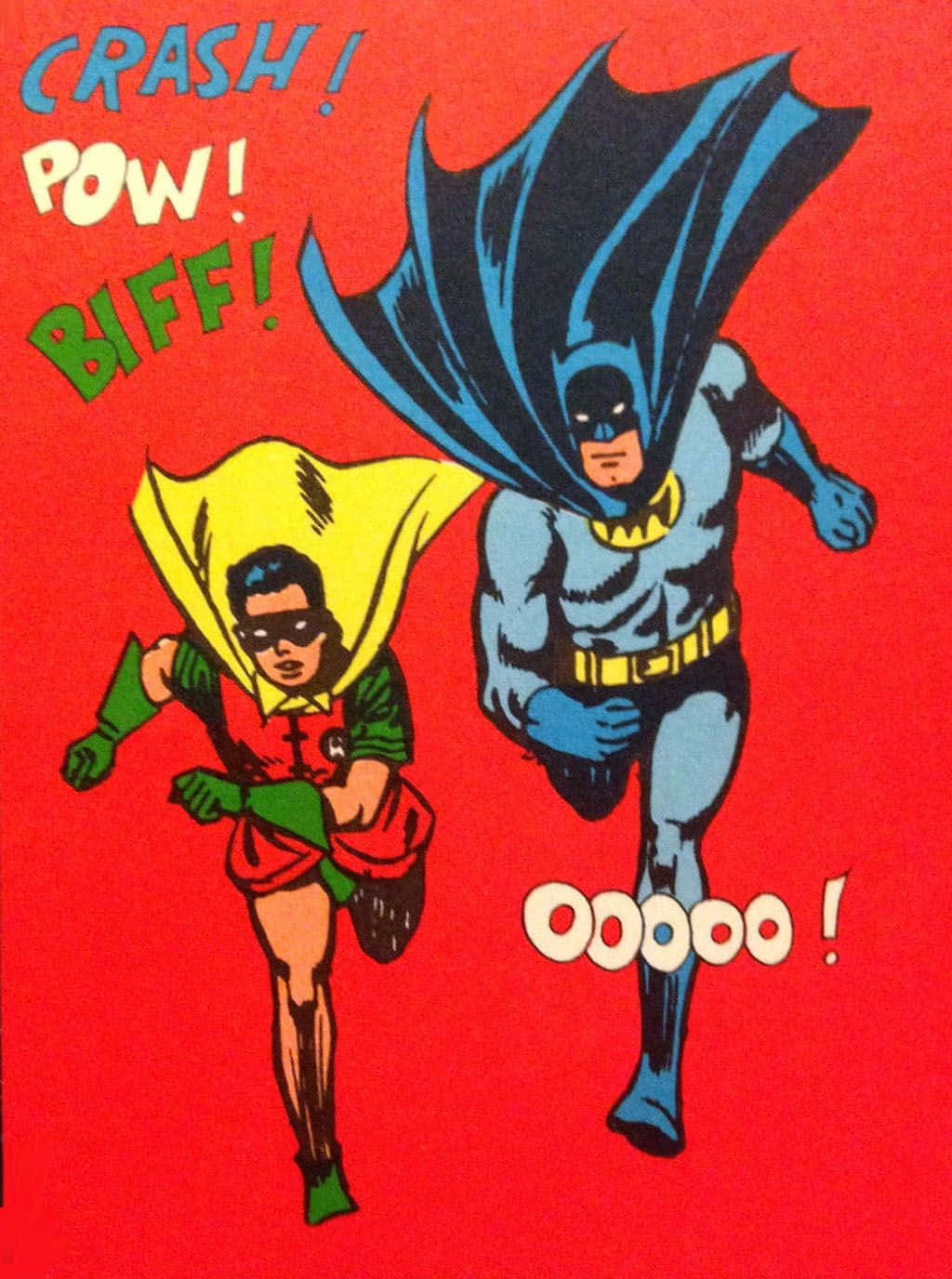 Batman And Robin 桌布 壁紙 — 蝙蝠俠與羅賓在鮮紅色背景上動感奔跑，帶有漫畫音效。