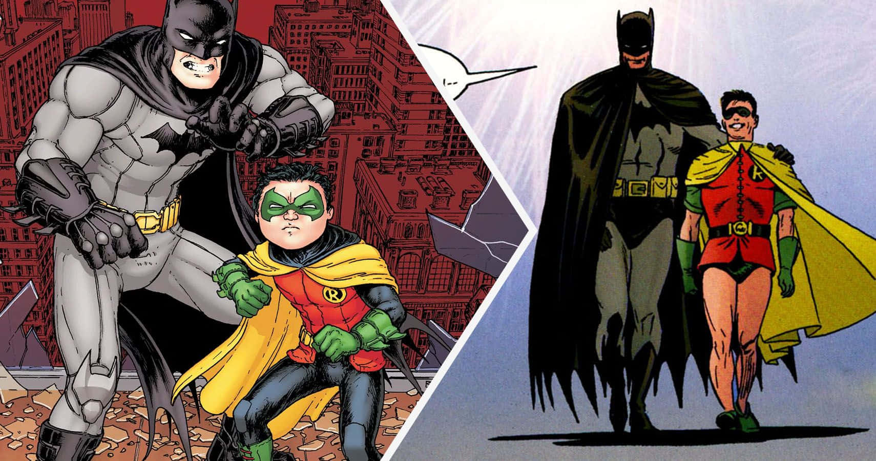Batman And Robin 桌布 壁紙 — 蝙蝠俠與羅賓英雄式地站立在由對角線分割的漫畫格中，一個場景顯示他們在瓦礫中，另一個則以明亮的天空為背景。