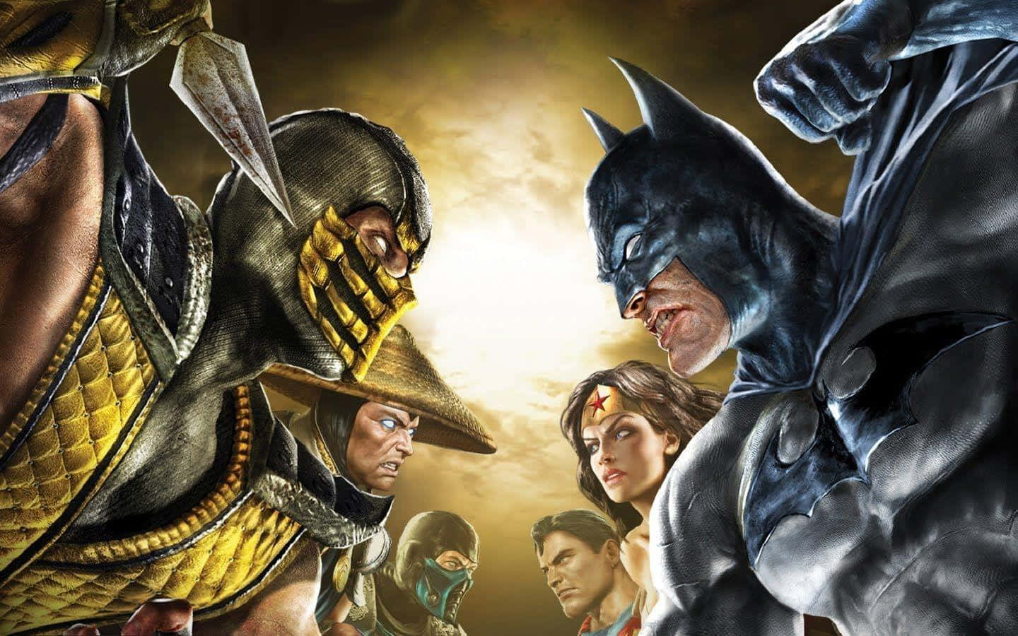 Mortal Kombat Vs Dc Universe 桌布 壁紙 — 蝙蝠俠與蠍子在一場戲劇性的電影對決中對峙，背景中有神力女超人及其他英雄。
