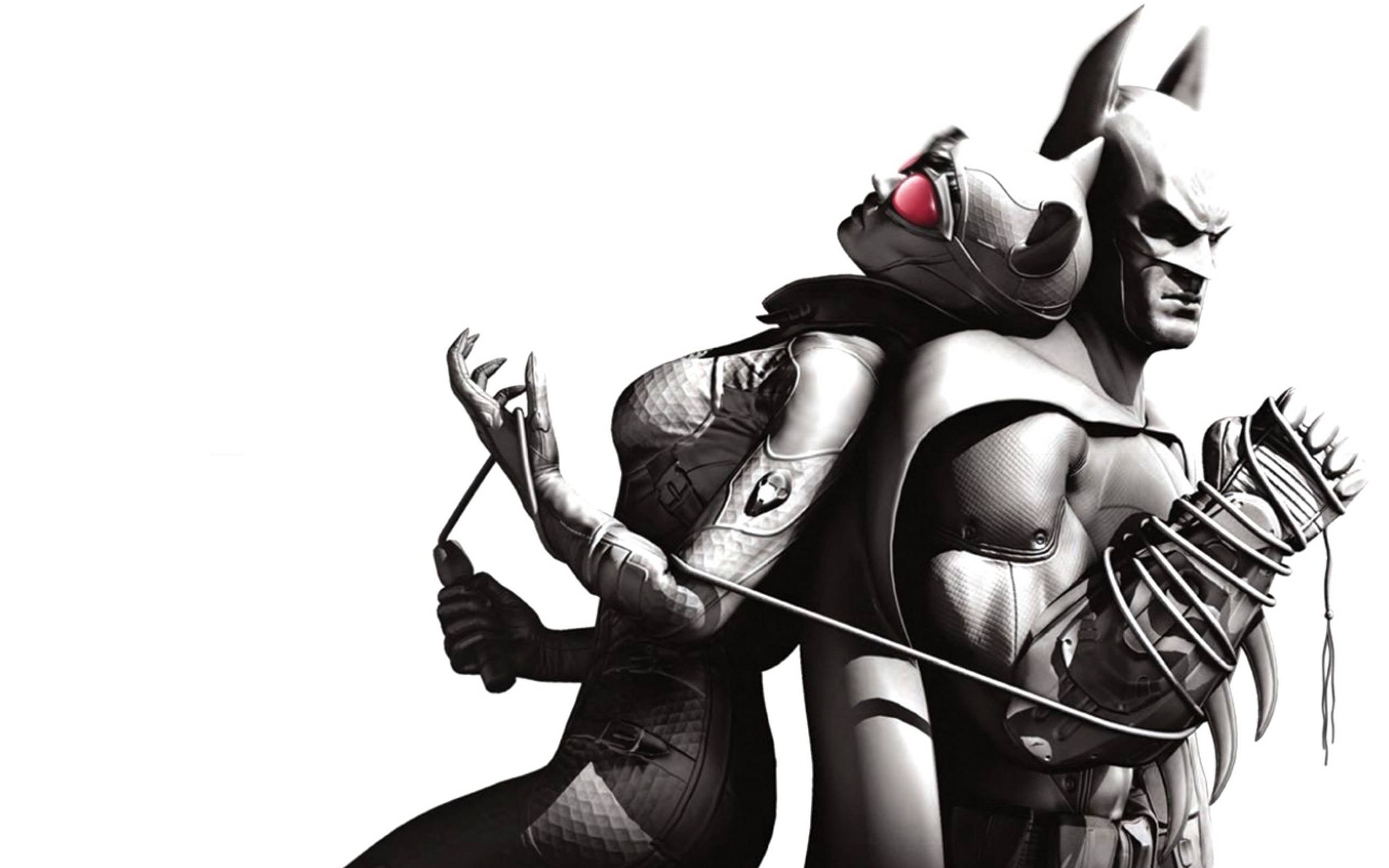 Batman Arkham City 桌布 壁紙 — 蝙蝠俠與貓女以單色調配紅色點綴，在純白背景上動態擺姿勢。