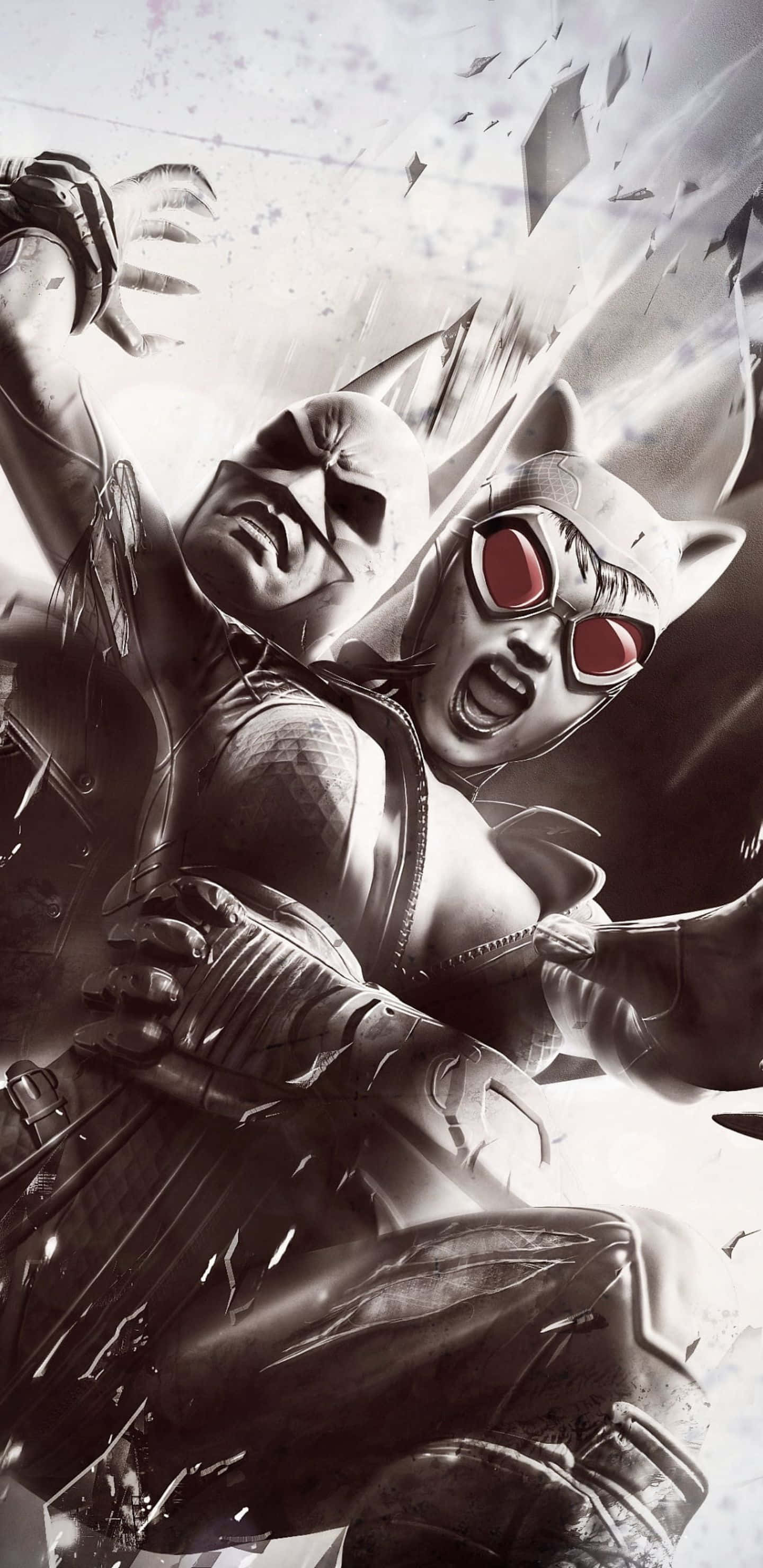 Pixel 3xl Batman Arkham City 桌布 壁紙 — 蝙蝠俠與貓女在 gritty 單色漫畫風格中碰撞，伴隨著破碎的玻璃和強烈的表情。