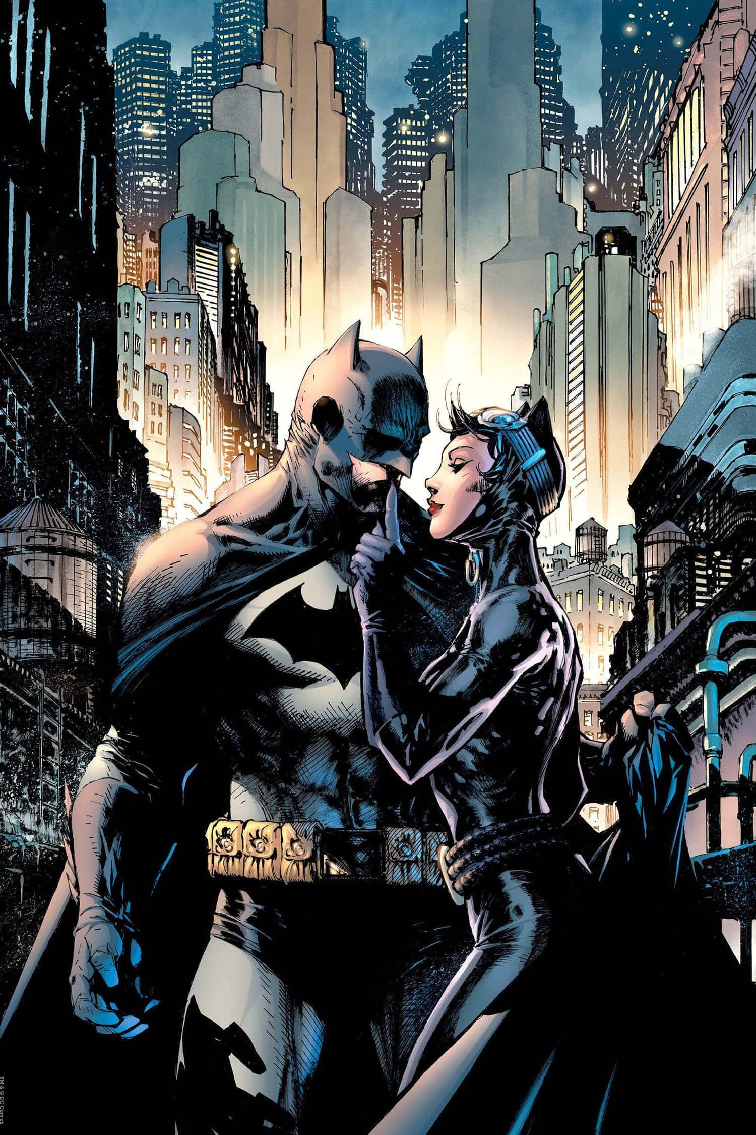 Batman Knightfall 桌布 壁紙 — 蝙蝠俠與貓女在夜晚的哥譚小巷中，雨水濕滑，身後高聳的摩天大樓閃爍著光芒，分享一個緊張的時刻。