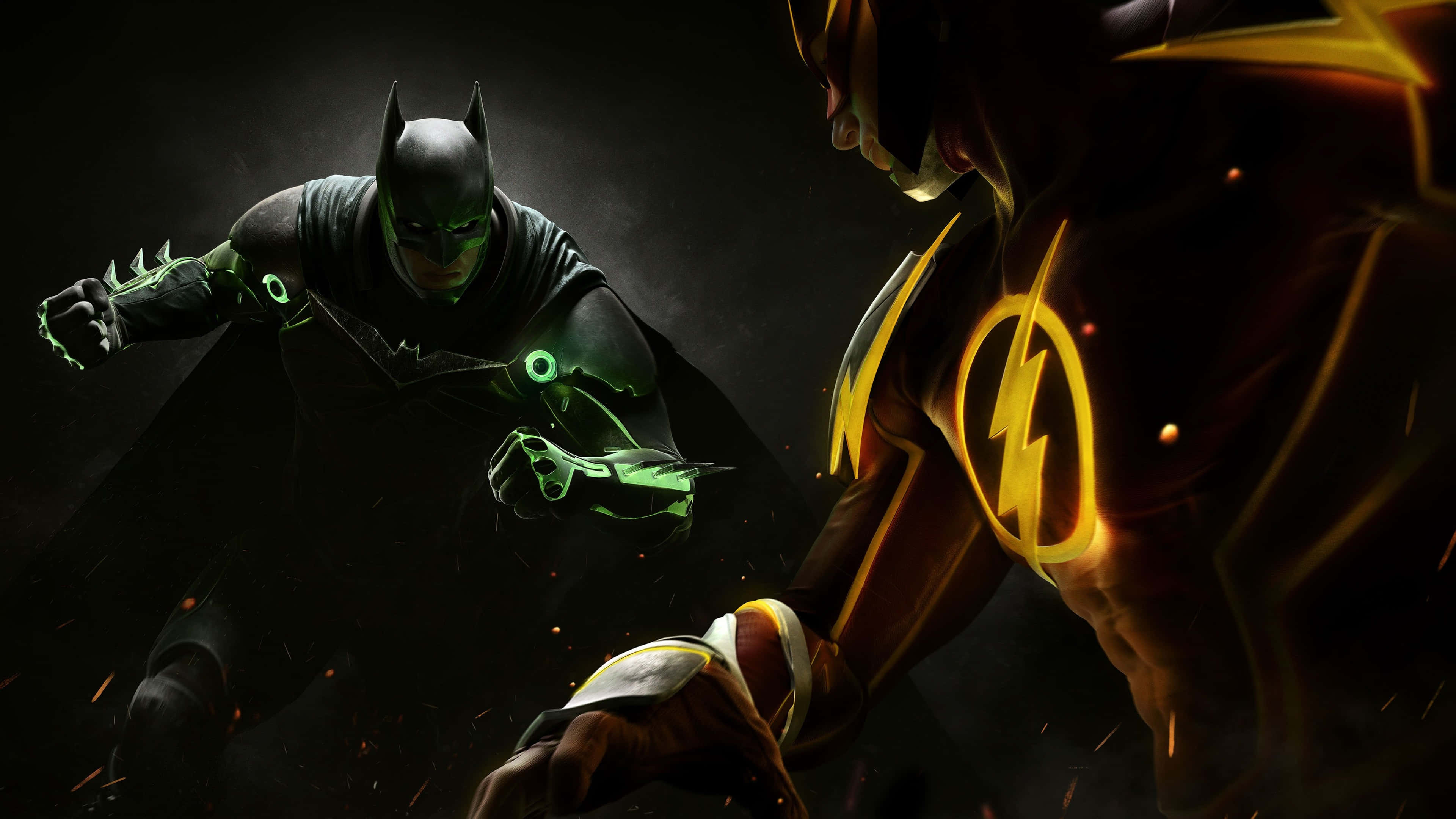 Superhero Video Games 桌布 壁紙 — 蝙蝠俠與閃電俠在黑暗粗獷的數位藝術場景中碰撞，帶有發光的綠色和黃色點綴。