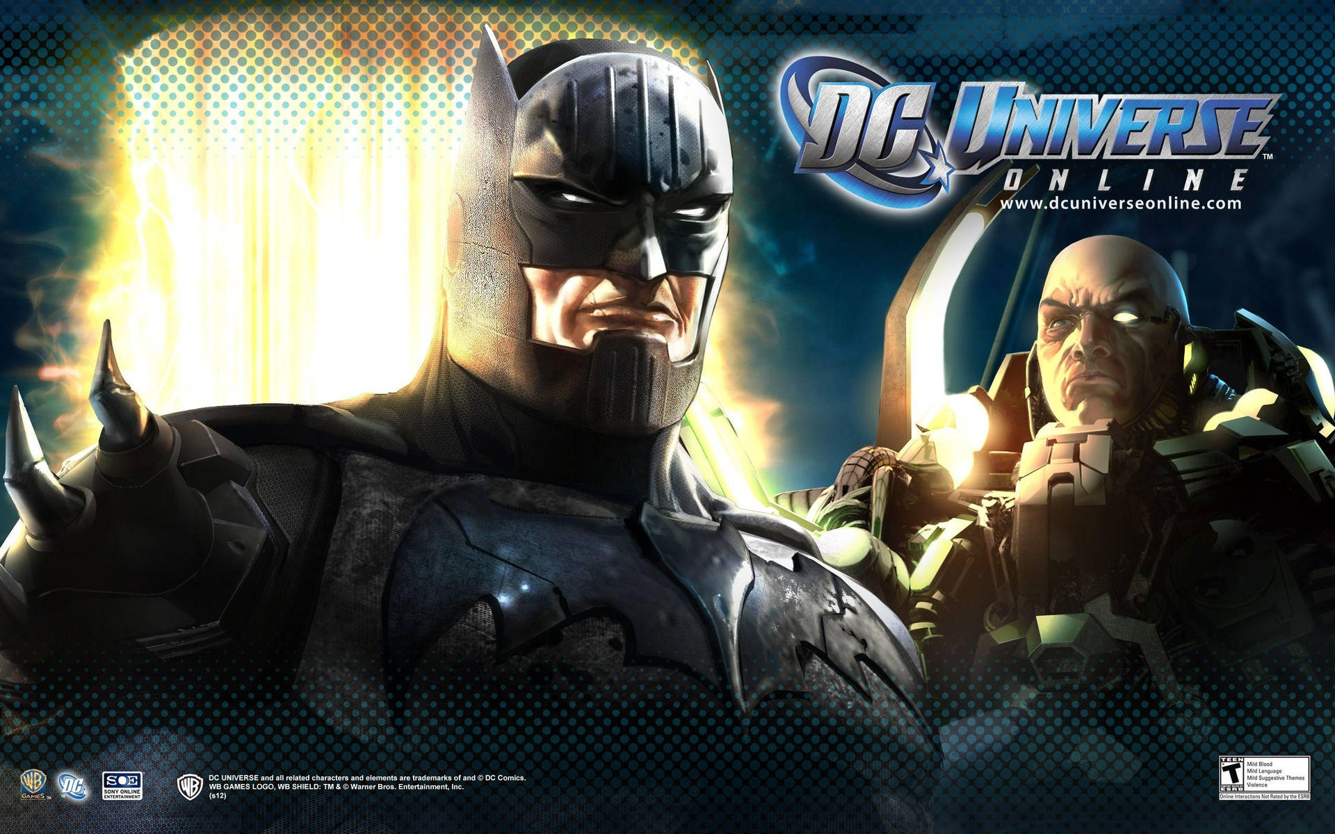 電玩遊戲 桌布 壁紙 — 蝙蝠俠與雷克斯·路瑟在充滿戲劇性的DC Universe Online宣傳桌布中對峙，帶有發光能量效果。
