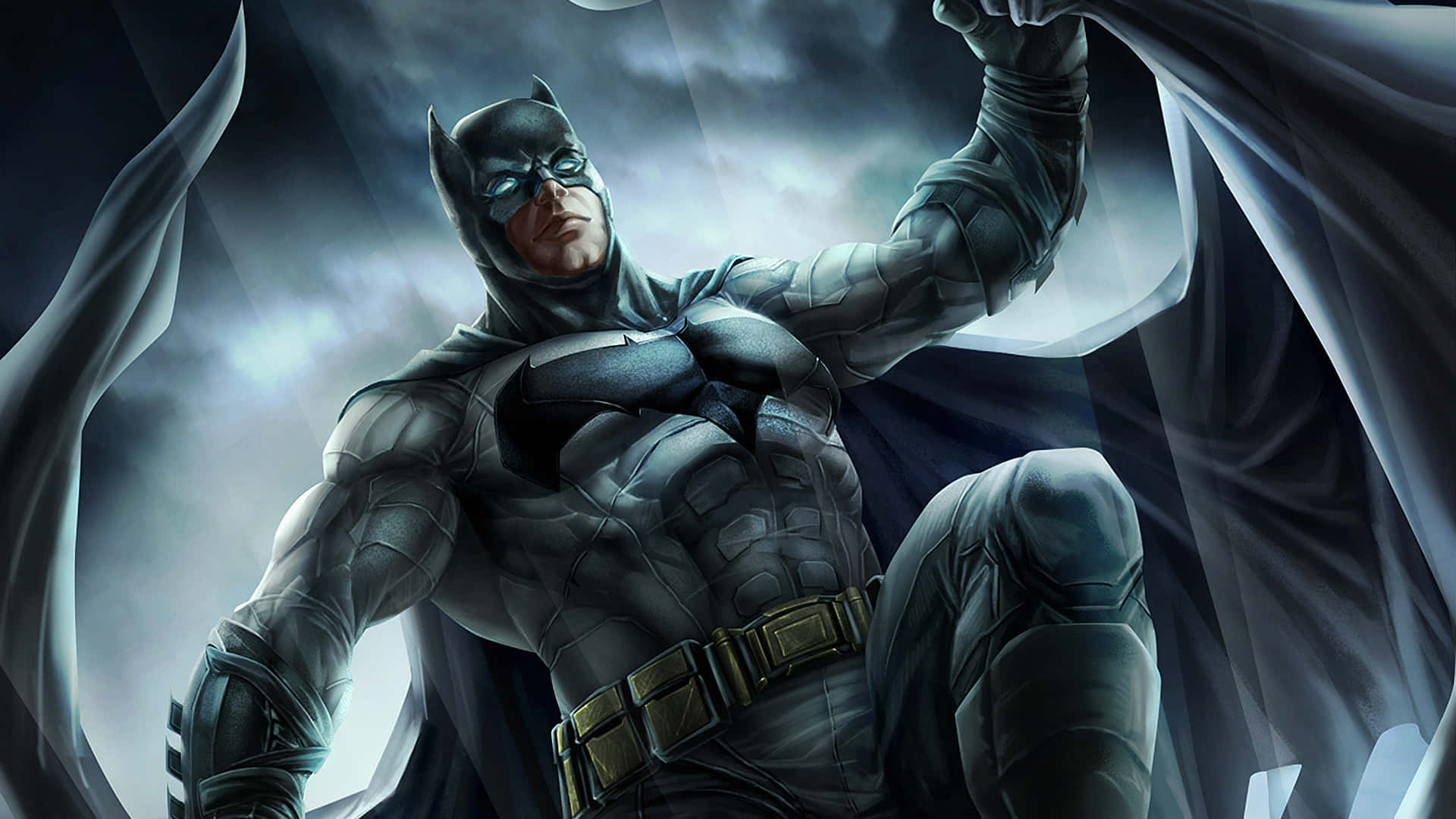 Batman Desktop 桌布 壁紙 — 蝙蝠俠英勇地站在暴風雨的天空下，披風在他周圍戲劇性地飄揚。