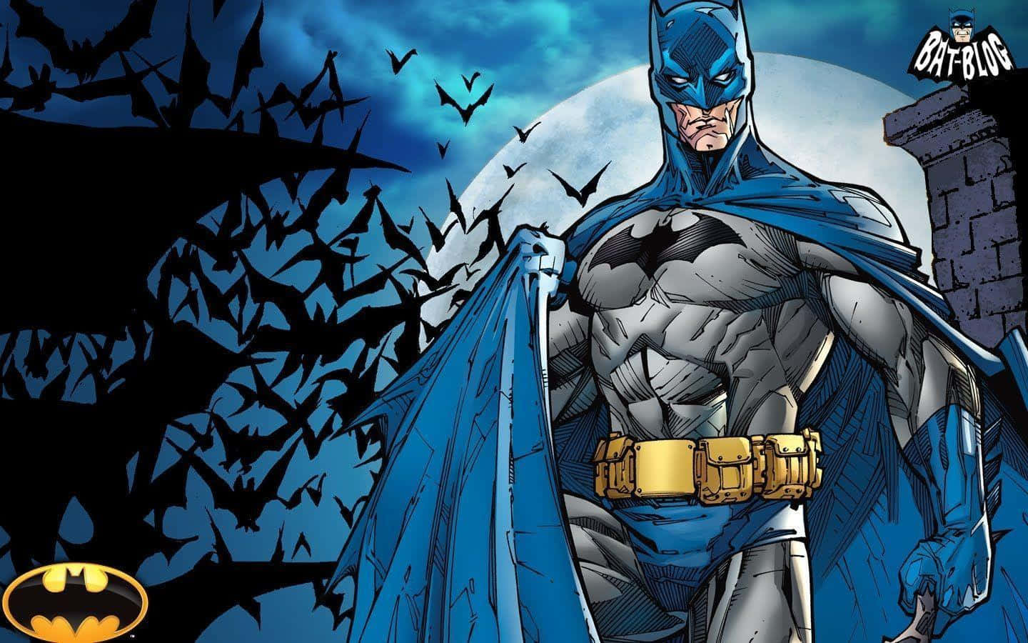 Batman Cartoon 桌布 壁紙 — 蝙蝠俠英勇地站在滿是蝙蝠和黑暗剪影樹木的月光天空下。