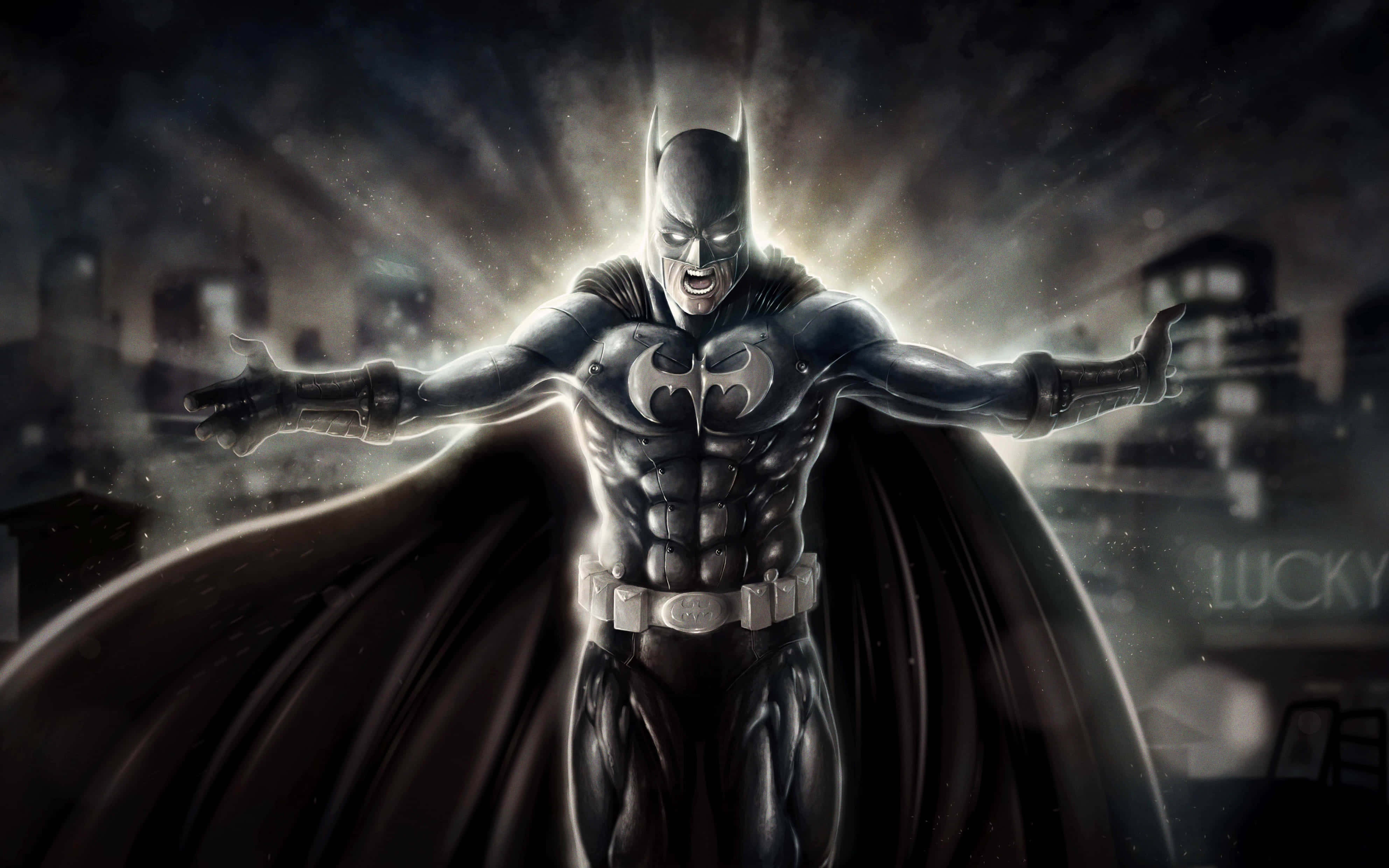 Batman Desktop 桌布 壁紙 — 蝙蝠俠英雄式地張開雙臂，背對黑暗的城市天際線，光芒從他身後照射出來。