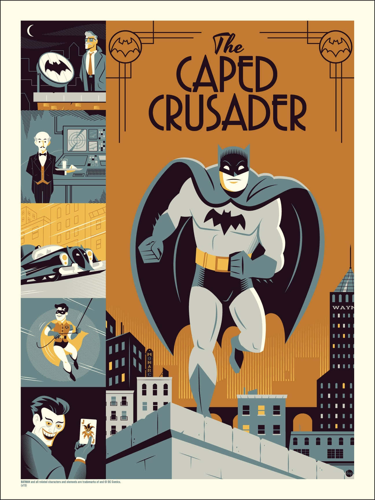 The Caped Crusader 桌布 壁紙 — 蝙蝠俠英雄式地站在高譚市屋頂上，一張風格化的漫畫海報以復古插畫風格展示他的盟友和敵人。