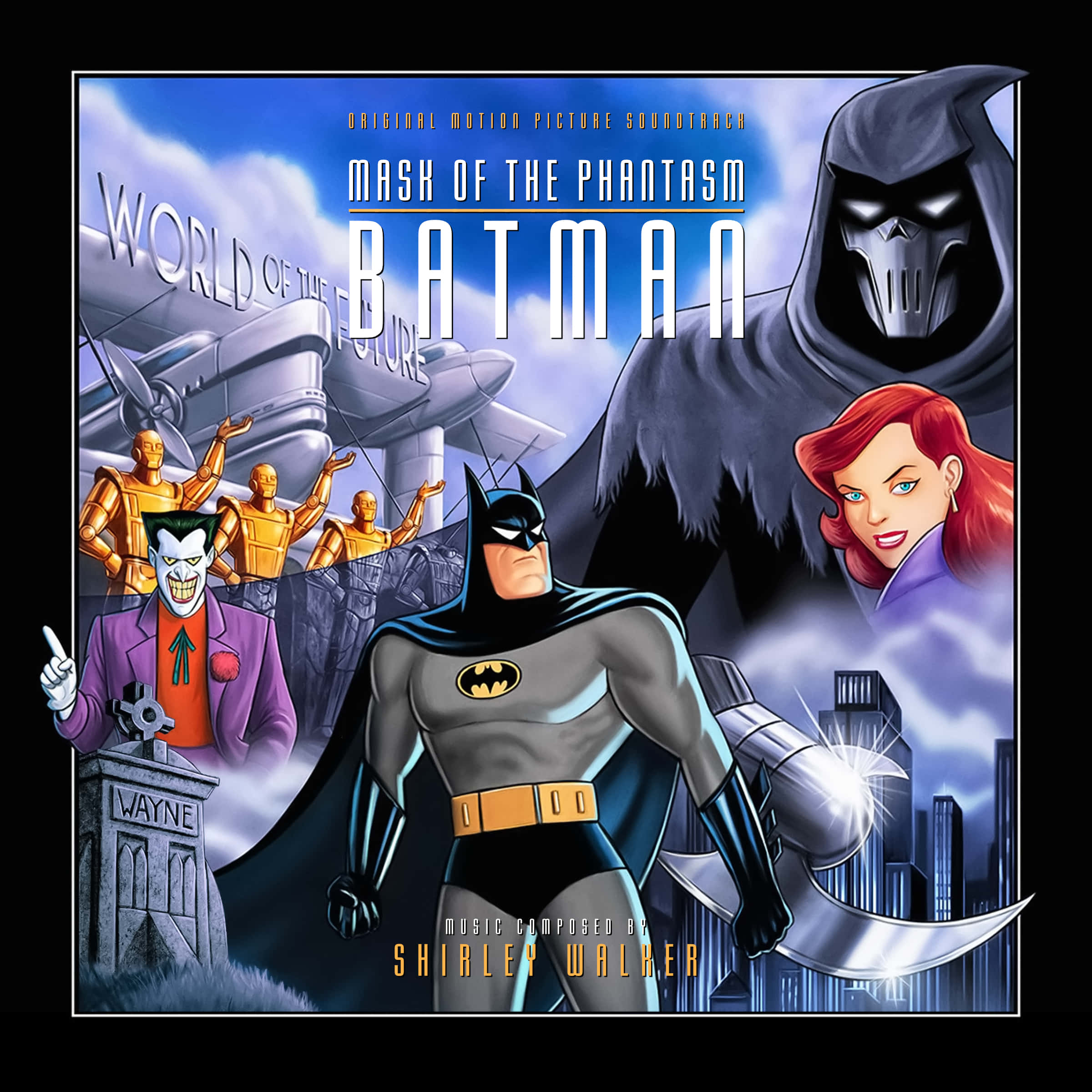 Batman Mask Of The Phantasm 桌布 壁紙 — 蝙蝠俠英雄般地站在暴風雨中的高譚市天際線前，背後潛伏著幻影的威脅，小丑在附近咧嘴而笑。