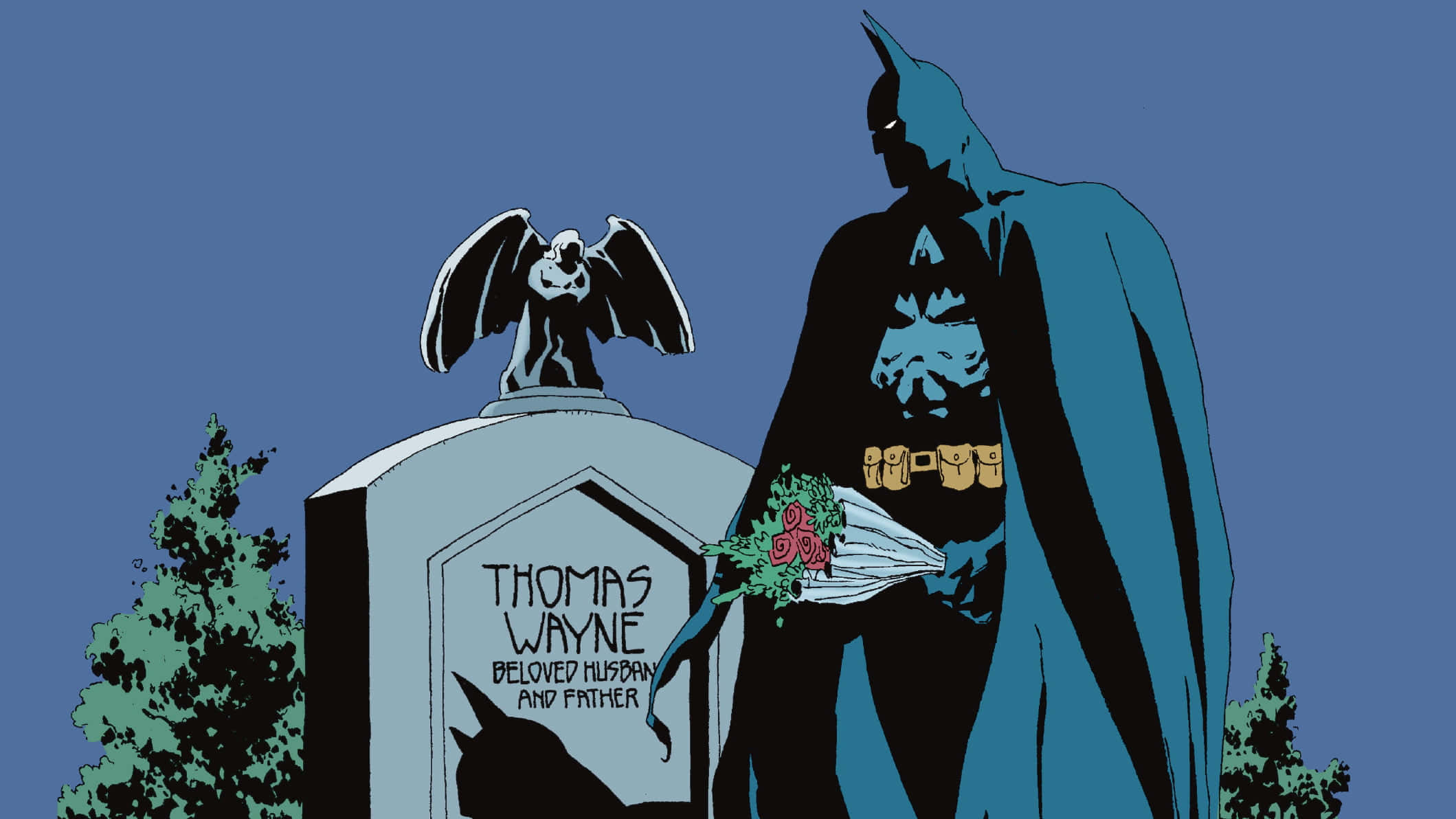 Batman The Long Halloween 桌布 壁紙 — 蝙蝠俠莊嚴地站在湯瑪斯·韋恩的墓前，手持鮮花，在暮色天空下，上方棲息著一隻蝙蝠雕像。