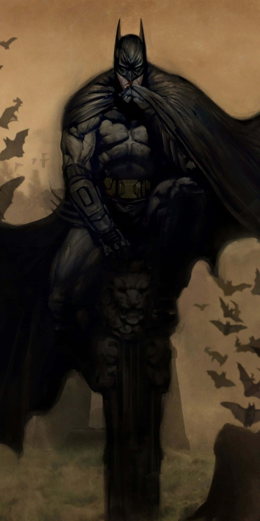Bats 桌布 壁紙 — 蝙蝠俠莊嚴地站在石柱上，蝙蝠在他周圍盤旋，背景是棕褐色調的天空。