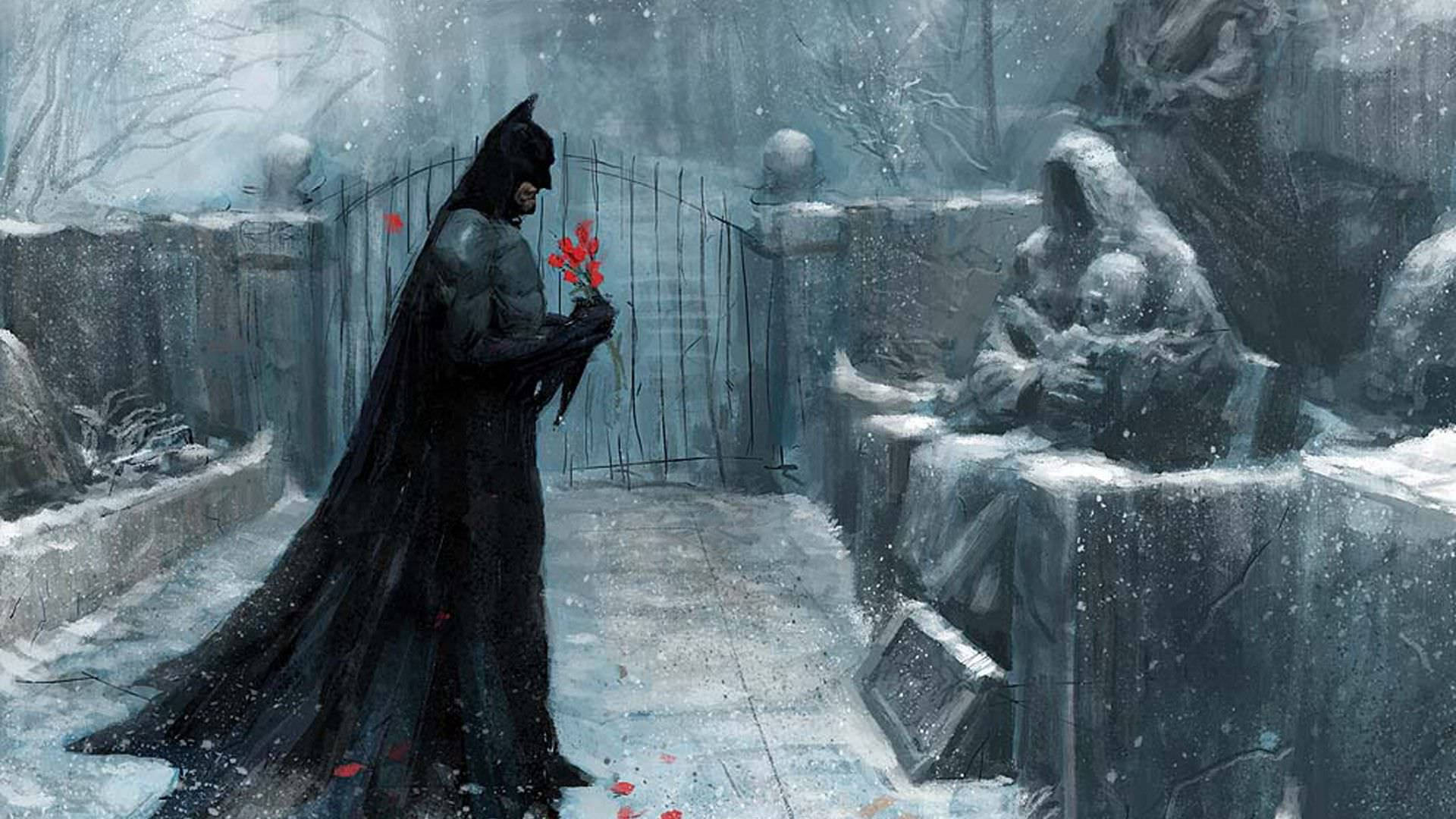蝙蝠俠 桌布 壁紙 — 蝙蝠俠莊嚴地站在雪地墓園中，手持紅玫瑰，旁邊有一座石像，雪花飄落。
