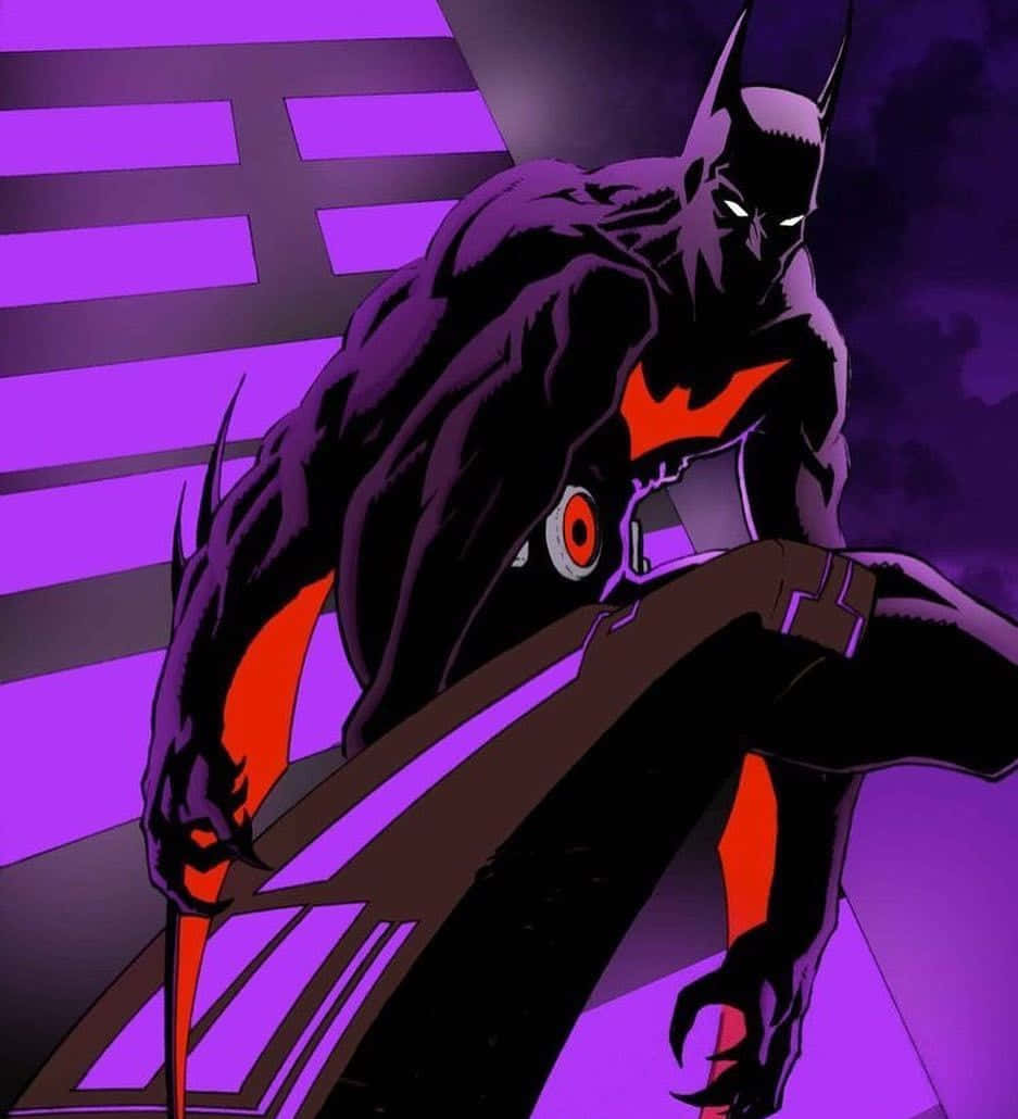 Batman The New 52 桌布 壁紙 — 蝙蝠俠超越在充滿活力的紫色條紋背景上，以動態姿勢蹲伏，帶有發光的紅色點綴。