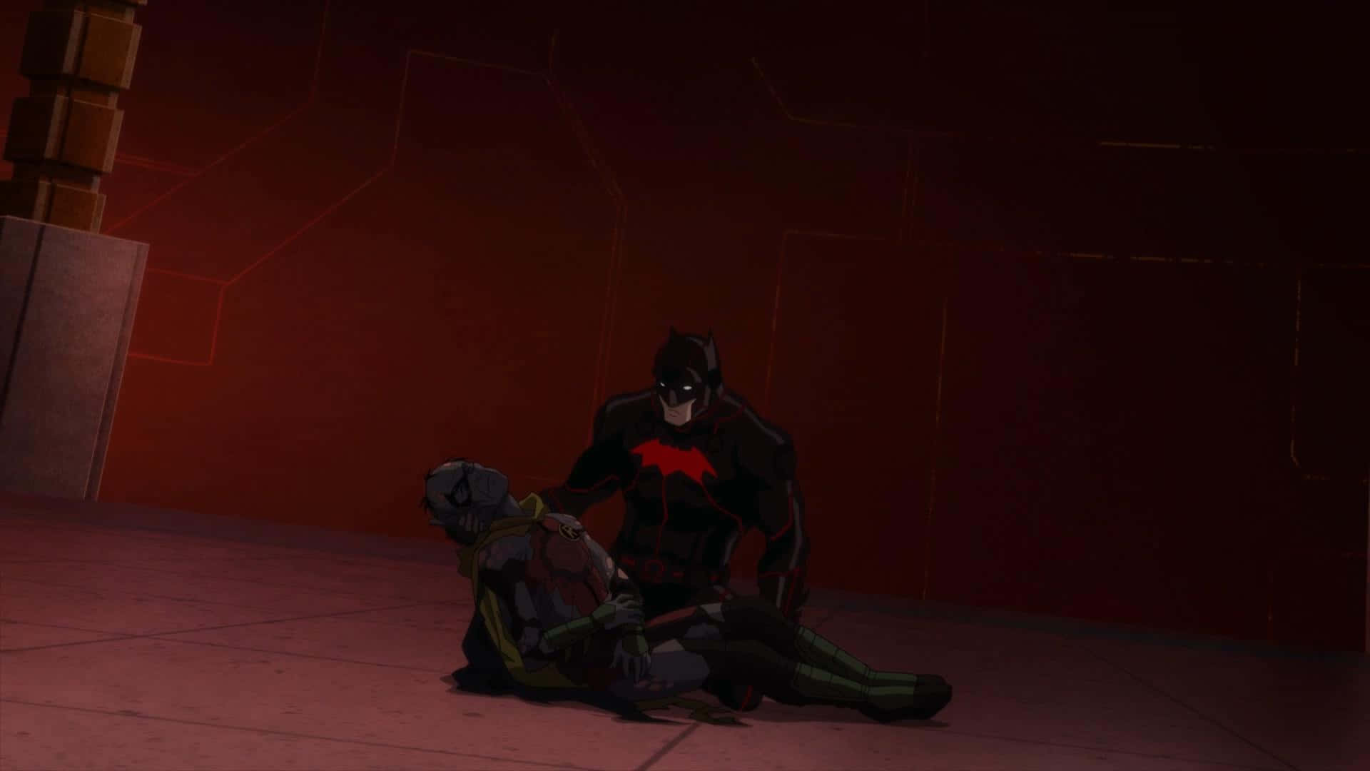 The Justice League Dark 桌布 壁紙 — 蝙蝠俠跪在墮落的羅賓旁邊，房間昏暗帶紅色調，牆上有幾何圖案。