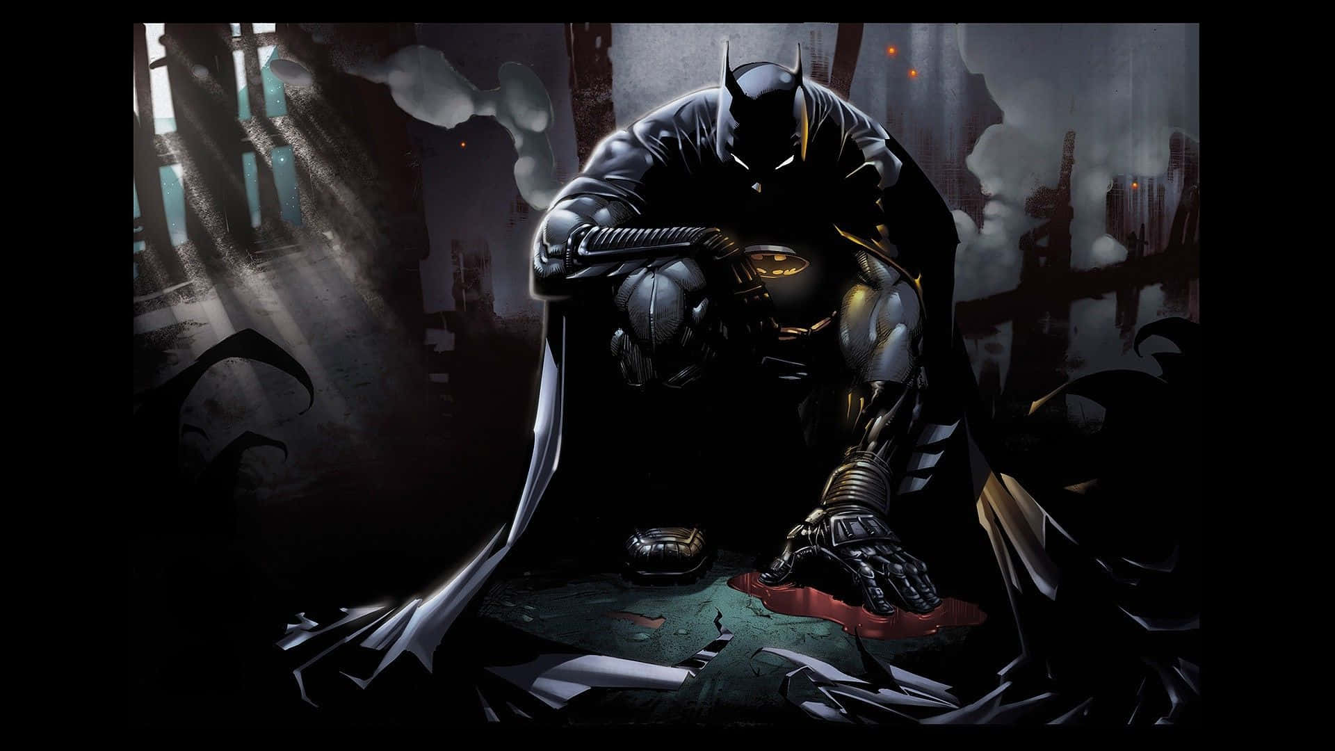 1920 X 1080 Batman 桌布 壁紙 — 蝙蝠俠跪在黑暗、煙霧瀰漫的城市廢墟中，他的斗篷飄揚，頭靠在戴著手套的手上。