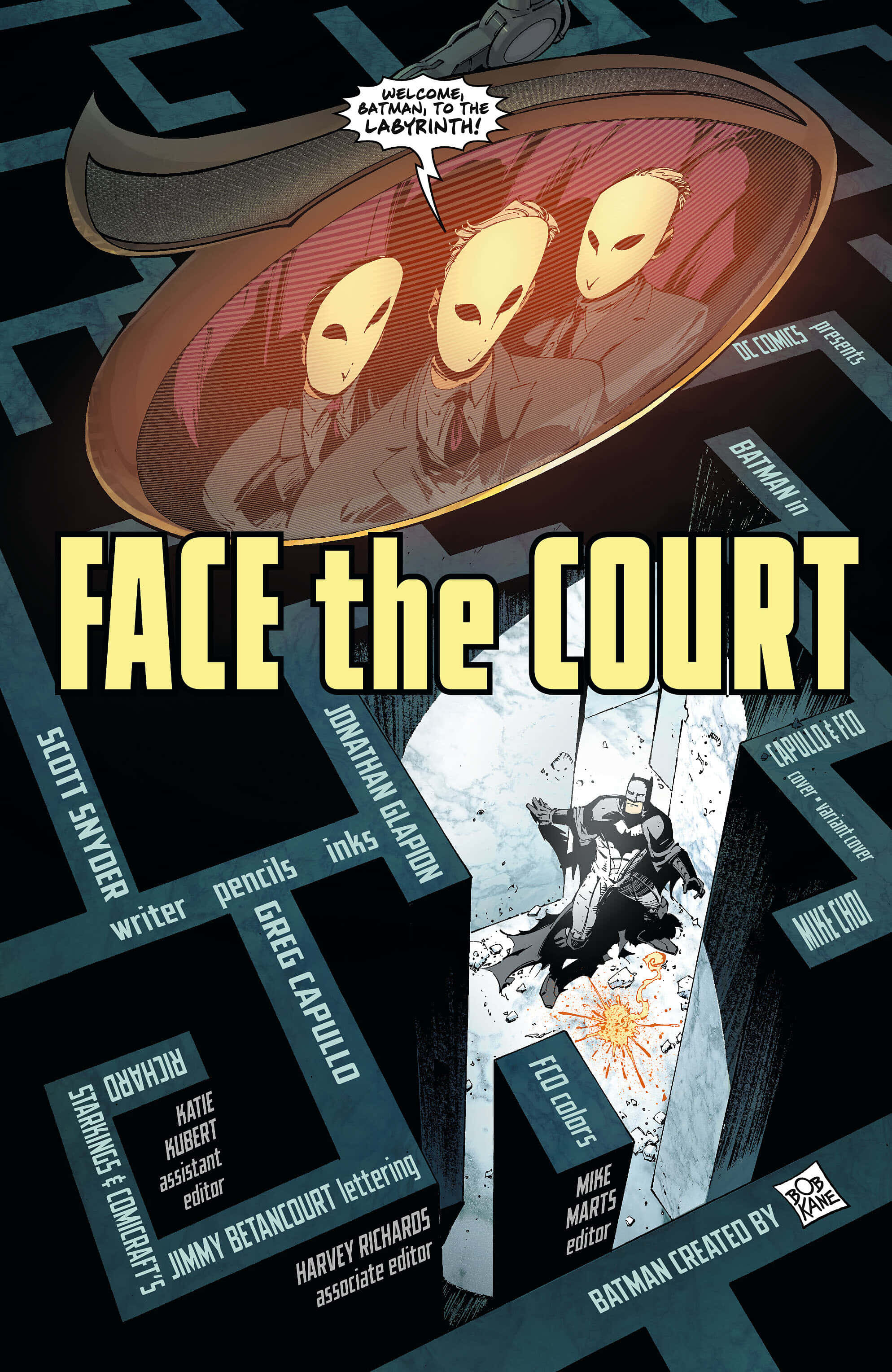 The Court Of Owls 桌布 壁紙 — 蝙蝠俠跳過破碎的城市景觀，三個戴面具的人物在發光的吊艙中逼近，對話框寫著歡迎蝙蝠俠來到迷宮。