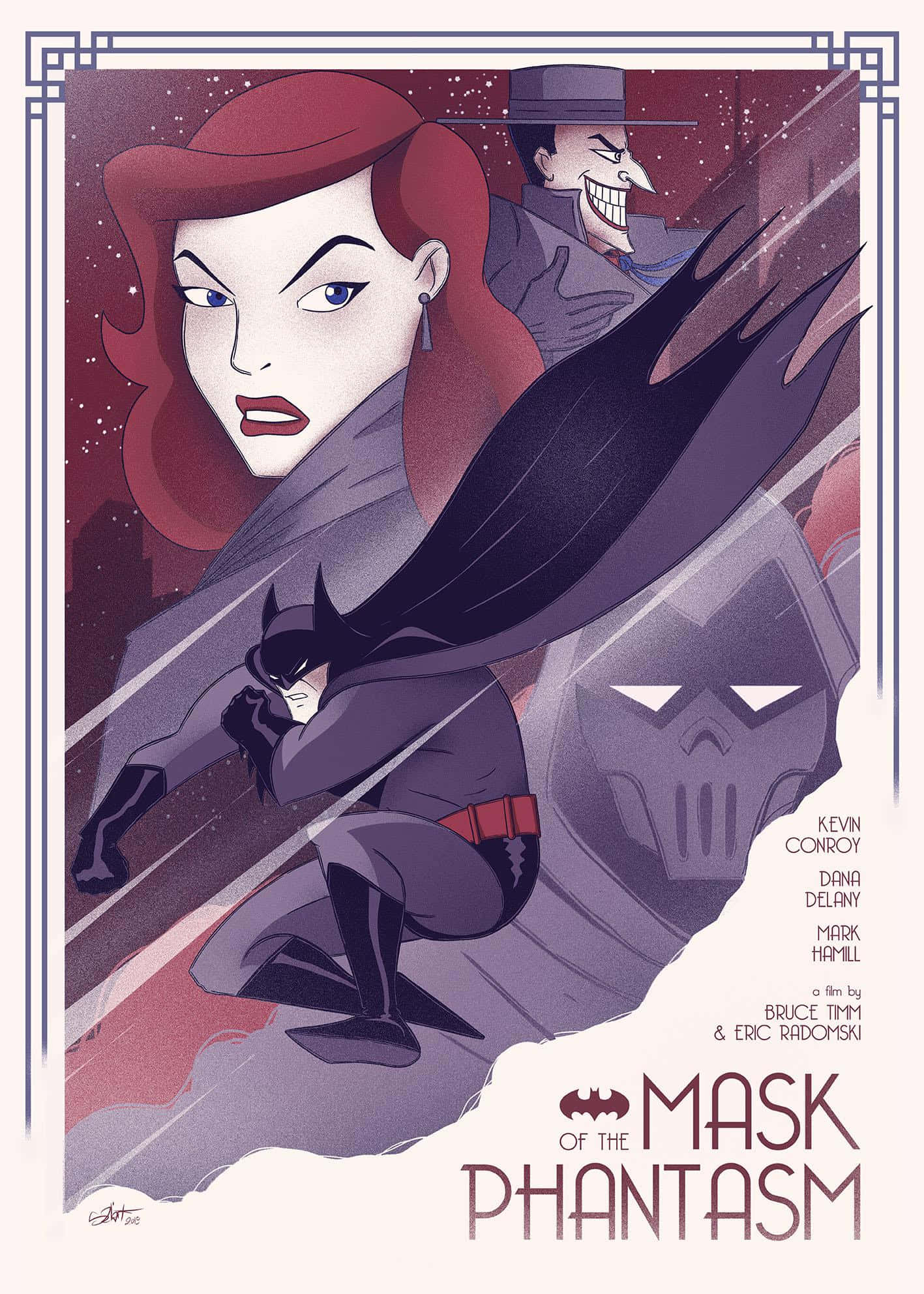 Batman Mask Of The Phantasm 桌布 壁紙 — 蝙蝠俠蹲伏在陰影中，貓女帶著邪惡的笑容居高臨下，以風格化的海報邊框框起。