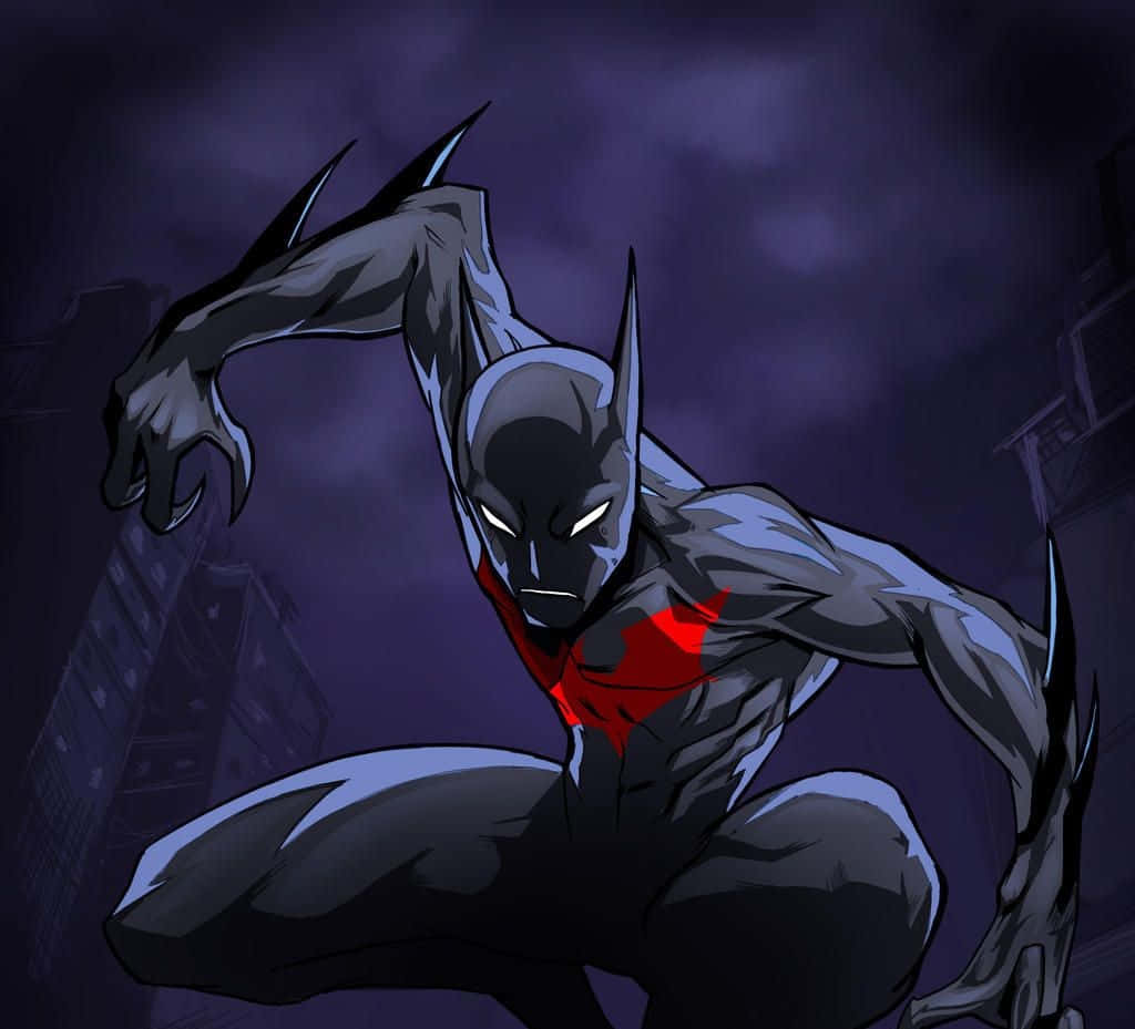 Batman The New 52 桌布 壁紙 — 蝙蝠俠蹲伏在黑暗的城市夜晚中，發光的眼睛和鋒利的爪子映襯著暴風雨般的紫色天空。