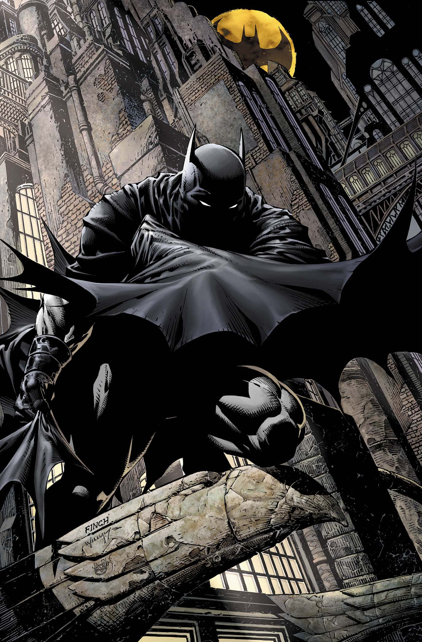 Batman Cartoon 桌布 壁紙 — 蝙蝠俠蹲在哥德式城市景觀中一條斷裂的橫樑上，下方是發光的黃色蝙蝠標誌月亮。