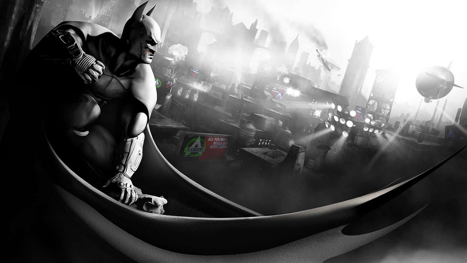 Batman City 桌布 壁紙 — 蝙蝠俠蹲在彎曲的壁架上，俯瞰著 gritty 單色調的哥譚市景觀，有飛行車輛和煙霧。