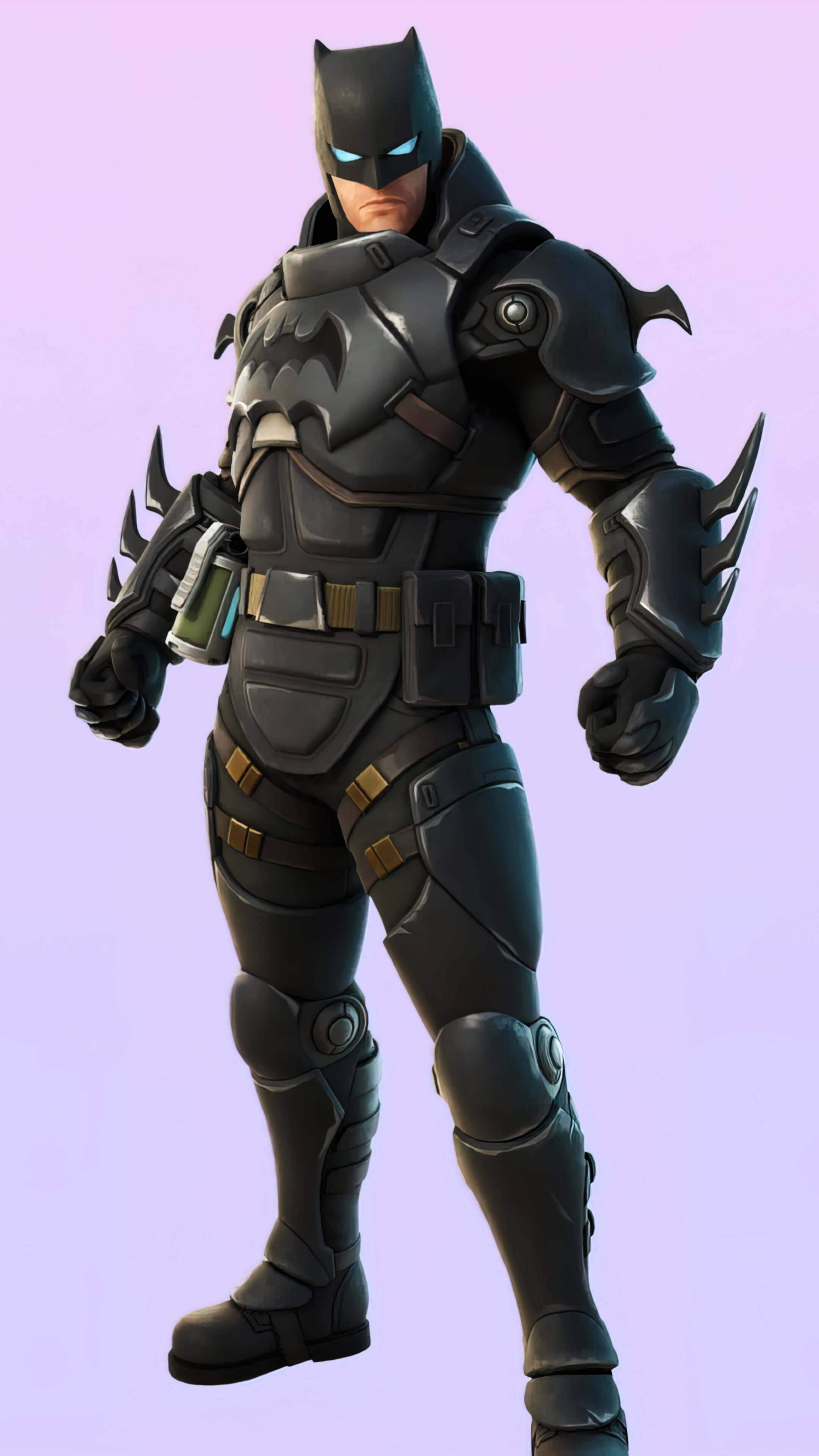 Fortnite 造型 桌布 壁紙 — 蝙蝠俠身穿全套裝甲服，站在柔和的薰衣草背景前，藍色眼睛發光。