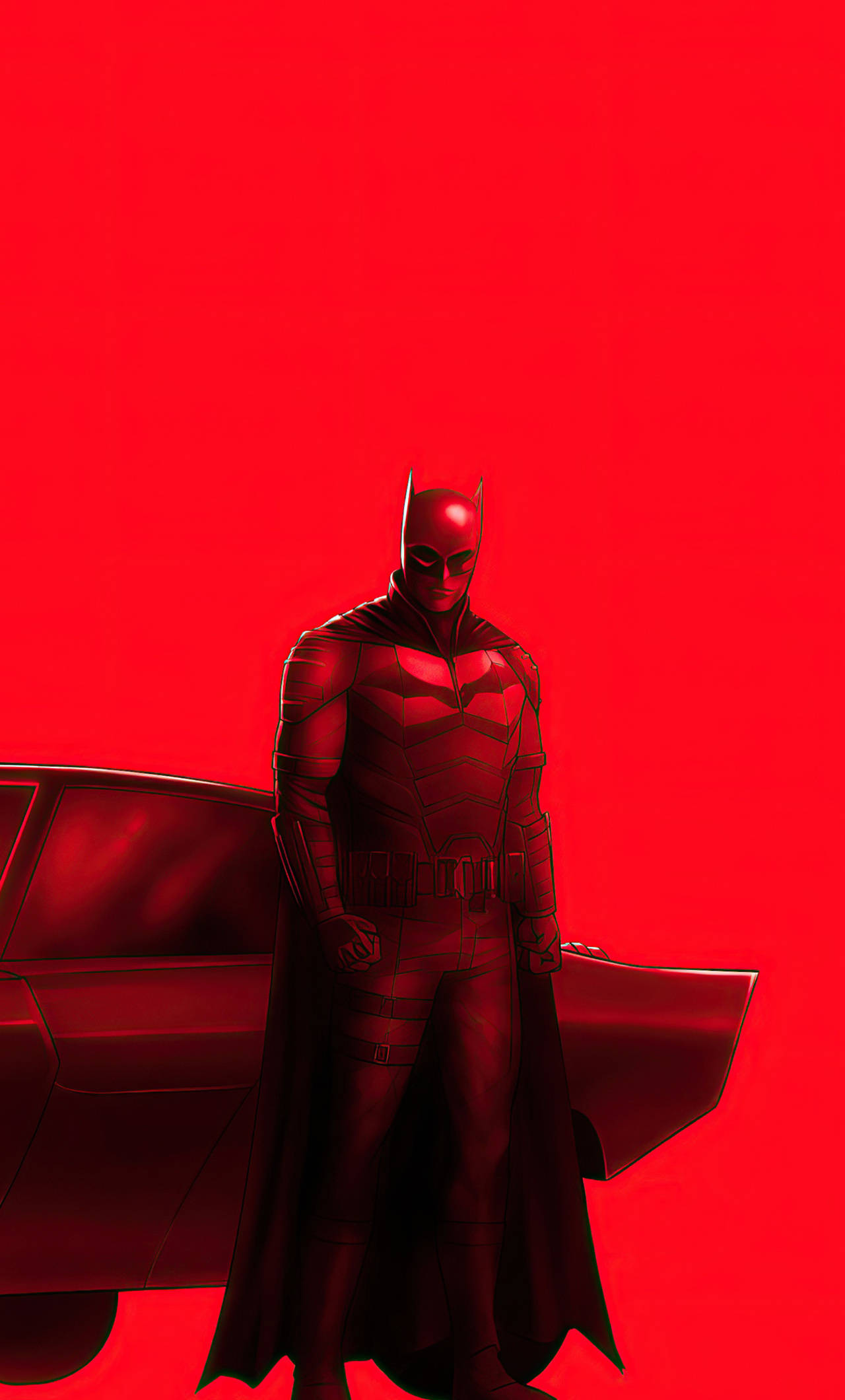 The Batman iPhone 桌布 壁紙 — 蝙蝠俠身穿全紅色西裝，站在一輛時尚汽車旁邊，背景為純紅色。