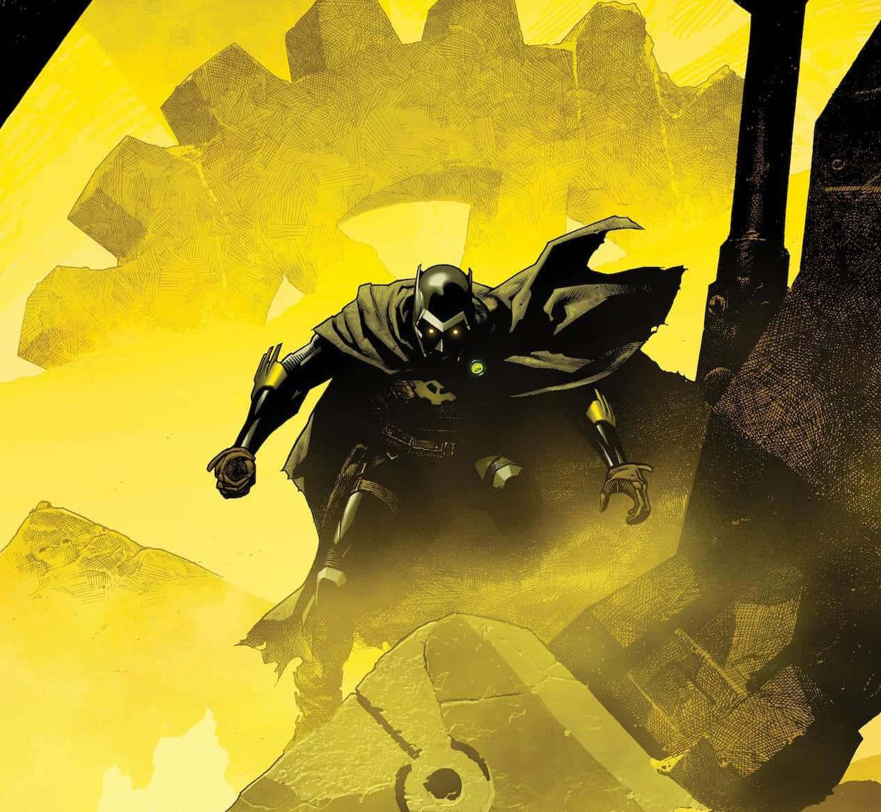 The Justice League Dark 桌布 壁紙 — 蝙蝠俠身穿暗色盔甲，站在破碎的石頭上，背景是發光的黃色齒輪。