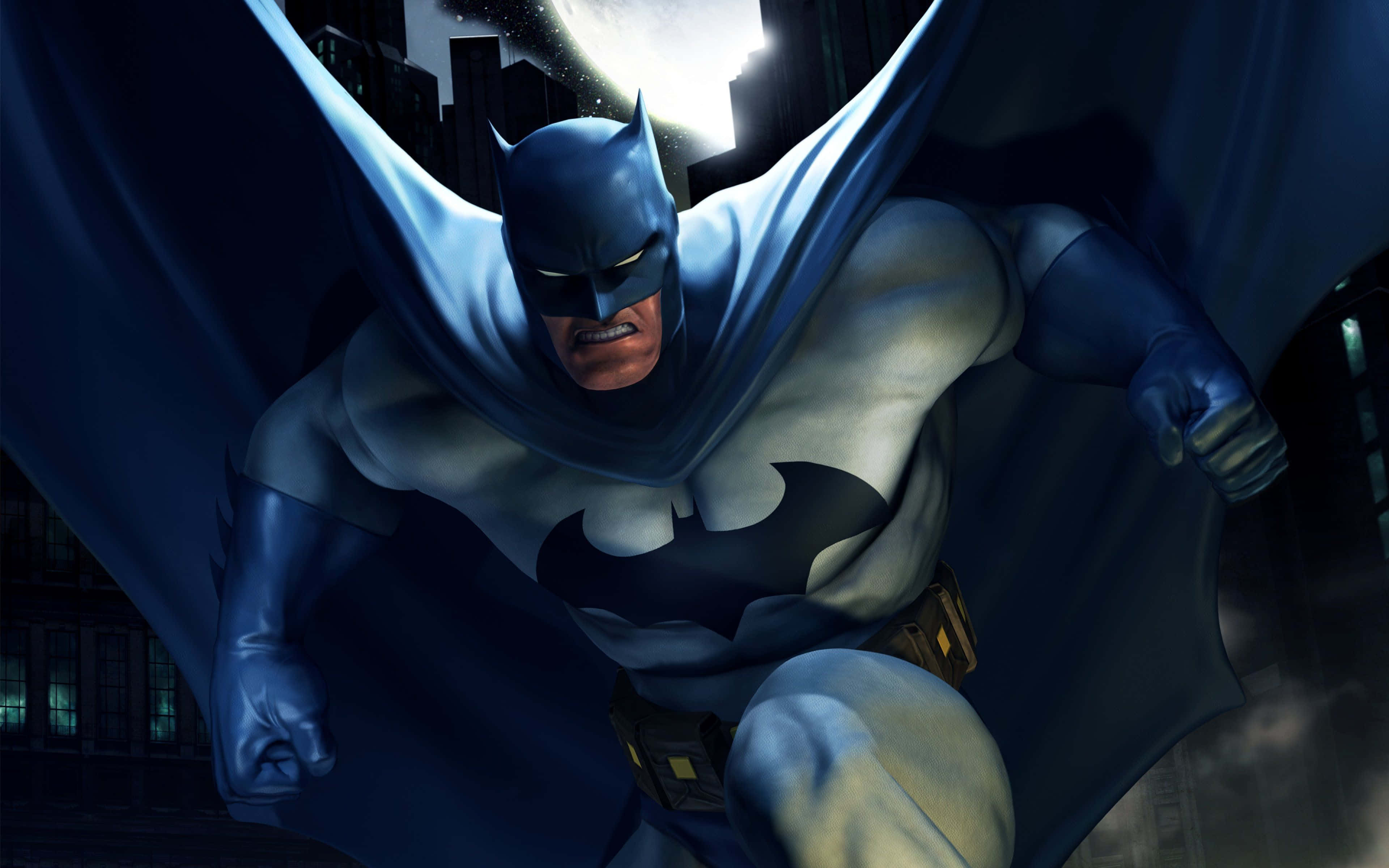 Batman Cartoon 桌布 壁紙 — 蝙蝠俠身穿標誌性戰衣，披風飄揚，在月光下的高譚市天際線中躍起。