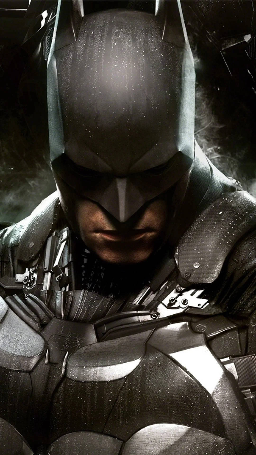 batman arkham city iPhone 桌布 壁紙 — 蝙蝠俠身穿深色裝甲服，雨滴在戲劇性燈光下閃爍，背景是 gritty 的城市環境。