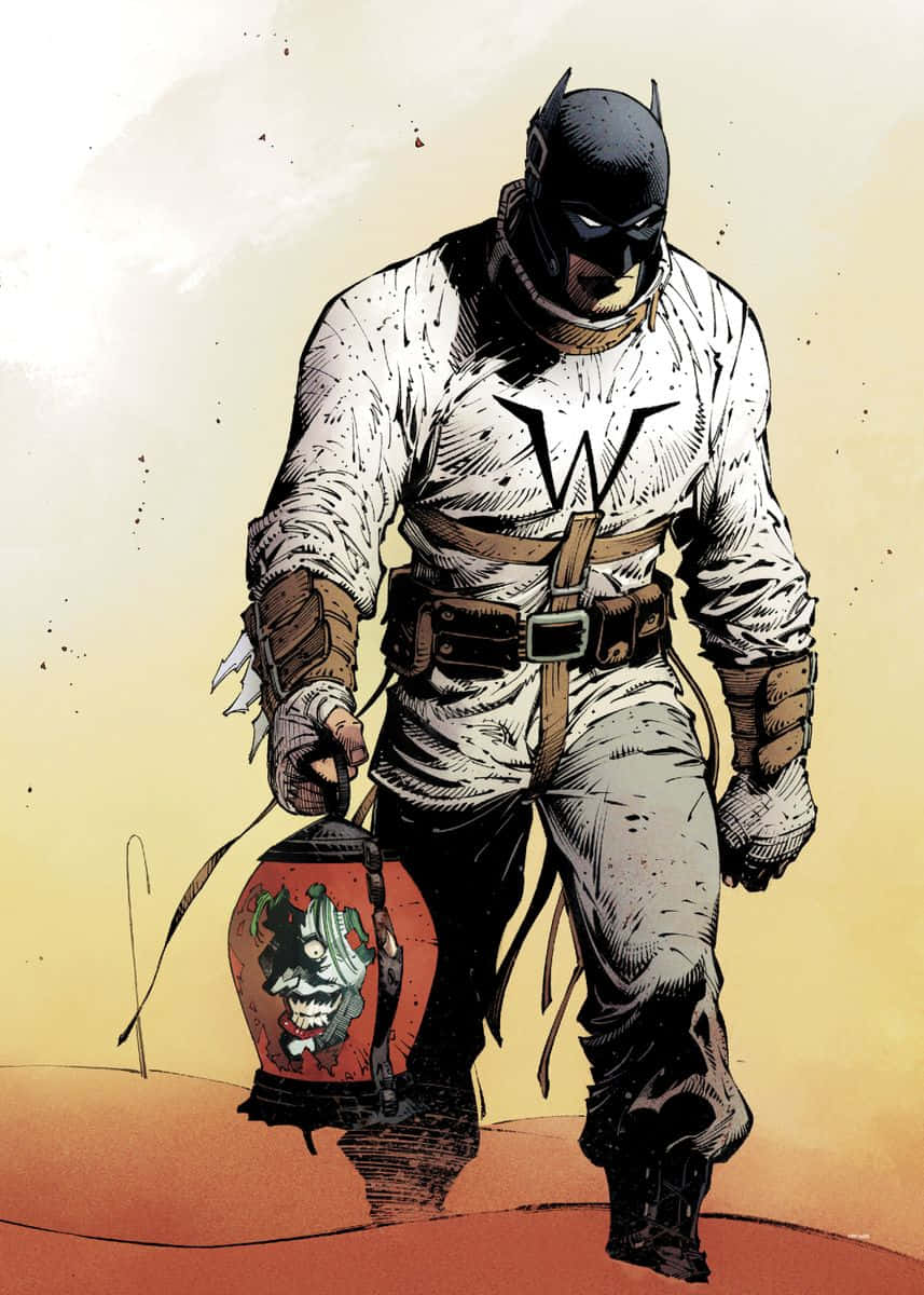 Batman Last Knight On Earth 桌布 壁紙 — 蝙蝠俠身穿白色西裝，帶有'W'標誌，手持一個帶有咧嘴骷髏設計的燈籠，在暖色調背景中向前走。