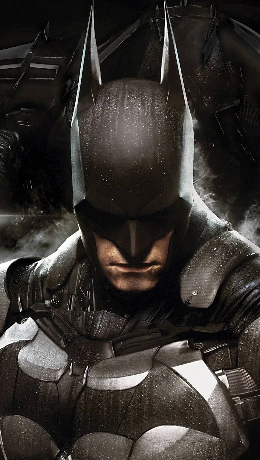 batman arkham city iPhone 桌布 壁紙 — 蝙蝠俠身穿粗糙的深色戰衣，雨水在他裝甲的頭罩和肩膀上閃閃發光，他凝視著前方。