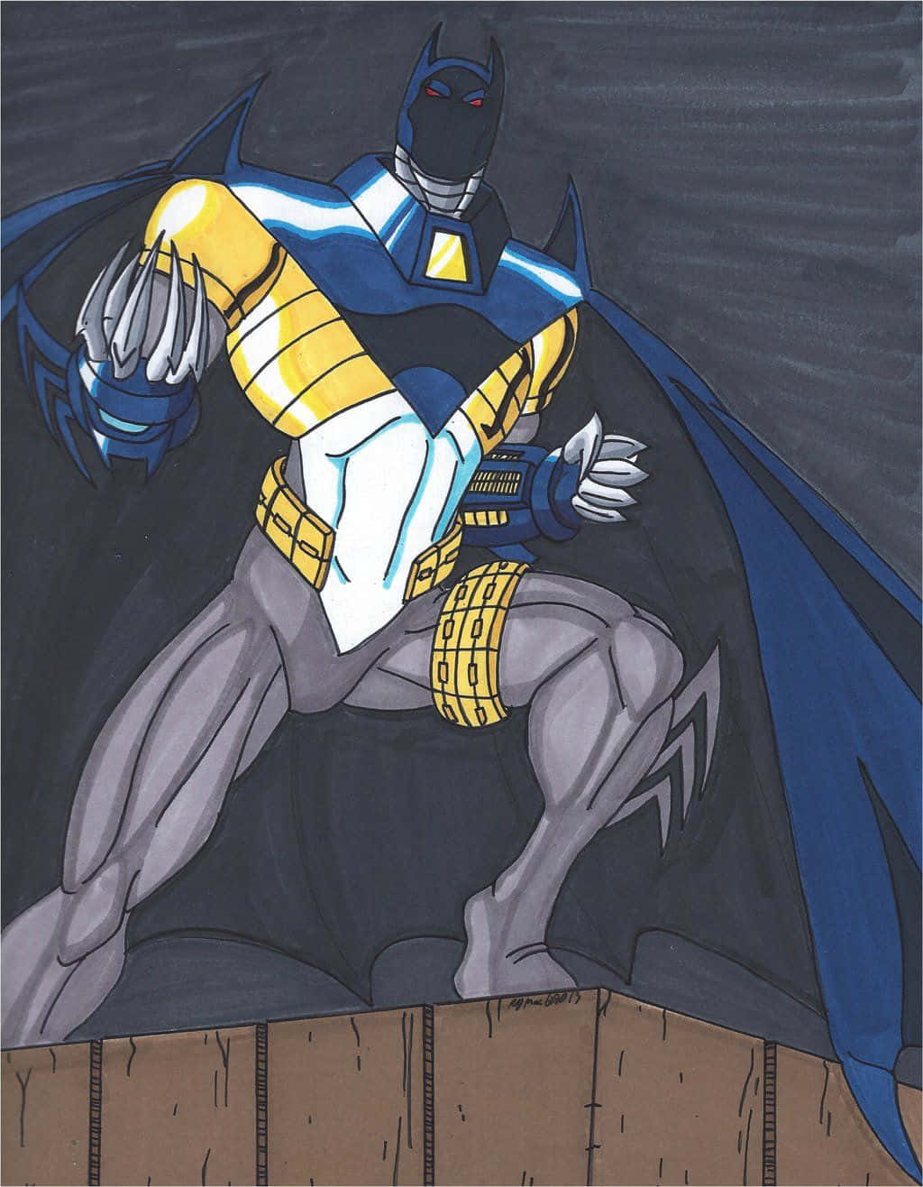 Batman Knightfall 桌布 壁紙 — 蝙蝠俠身穿藍黃色裝甲服，蹲在木質邊緣上，背景為深色紋理。
