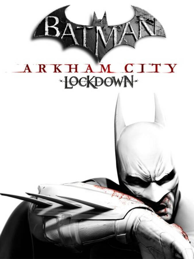 batman arkham city iPhone 桌布 壁紙 — 蝙蝠俠身穿血跡斑斑的盔甲，頭頂上方有一個破裂的蝙蝠標誌，在純白背景中陰沉地向前凝視。