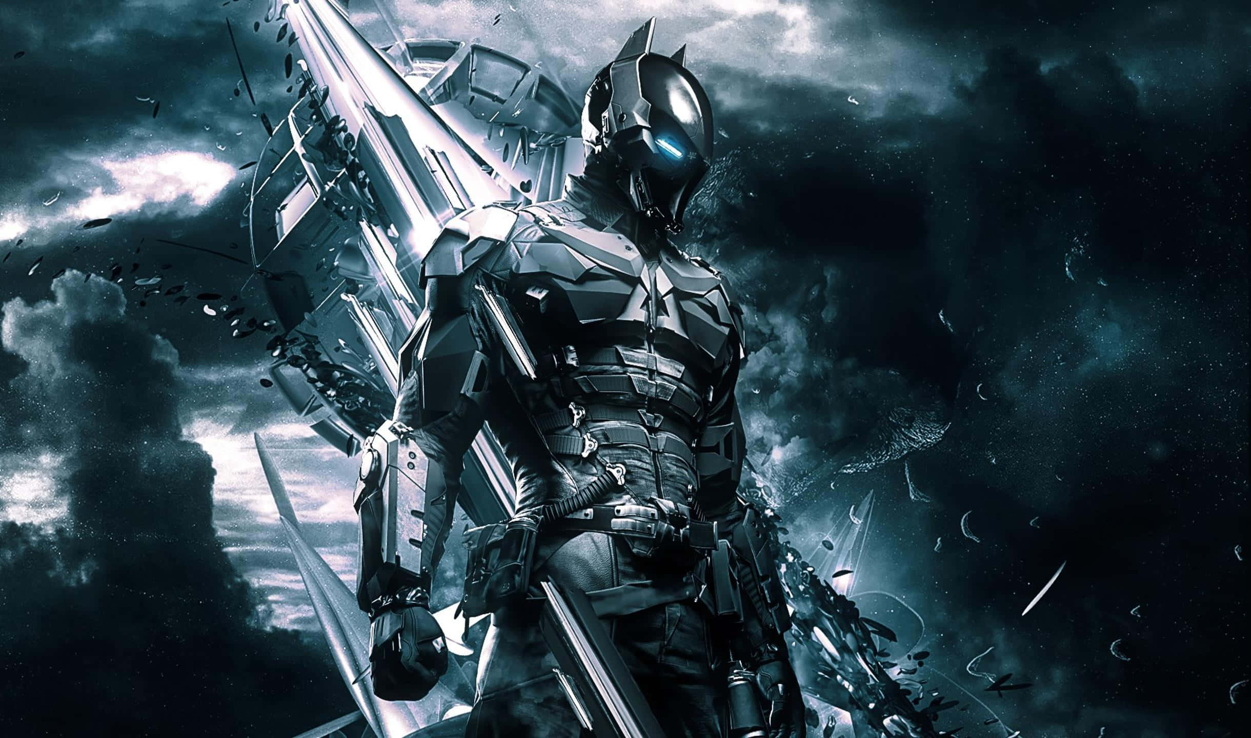 2440x1440 Batman Arkham City 桌布 壁紙 — 蝙蝠俠身穿裝甲服，在暴風雨的天空下，閃爍著光芒的眼睛站在破碎的瓦礫中。